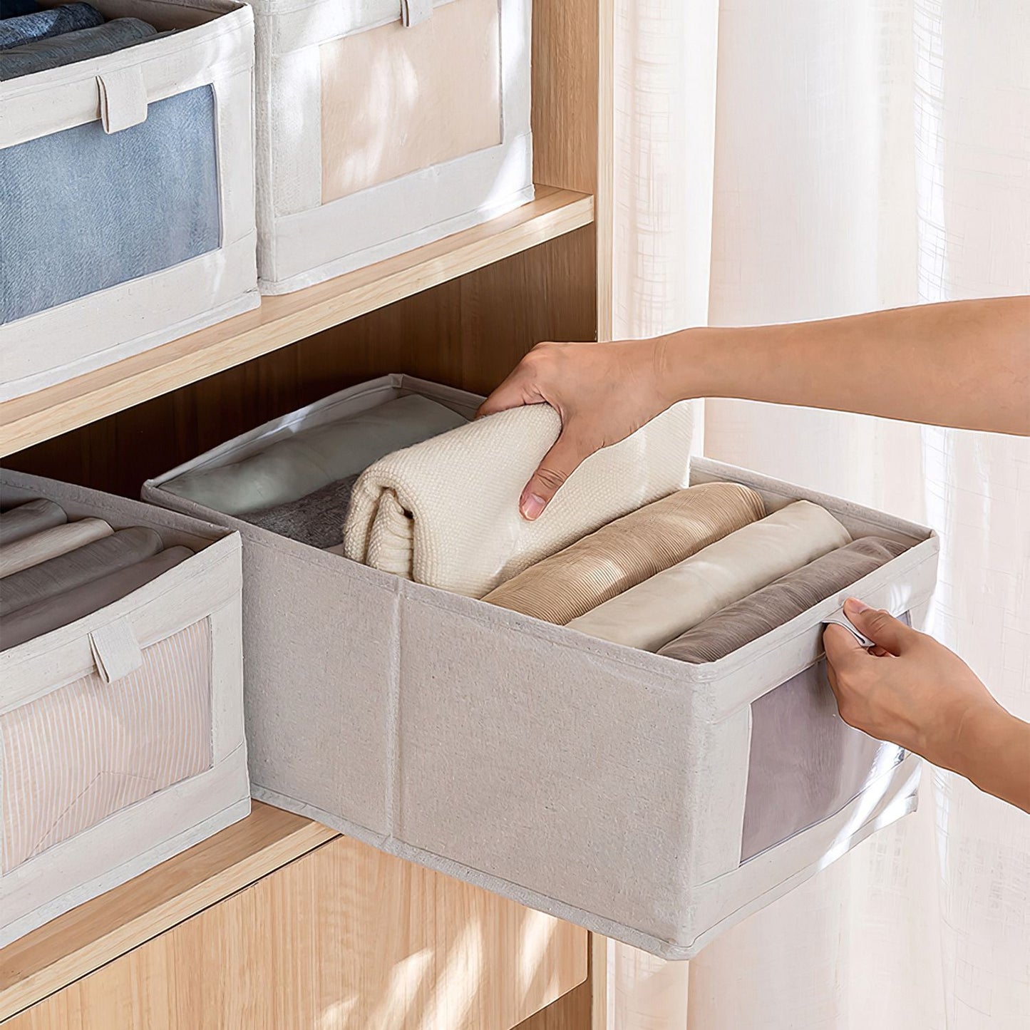 4PCS Foldable Linen Closet Storage Bins with Clear Window, Washable Fabric Baskets for Clothes Organization
