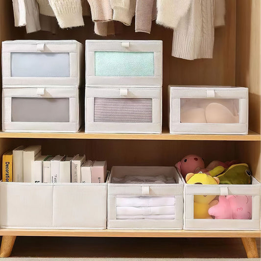 4PCS Foldable Linen Closet Storage Bins with Clear Window, Washable Fabric Baskets for Clothes Organization