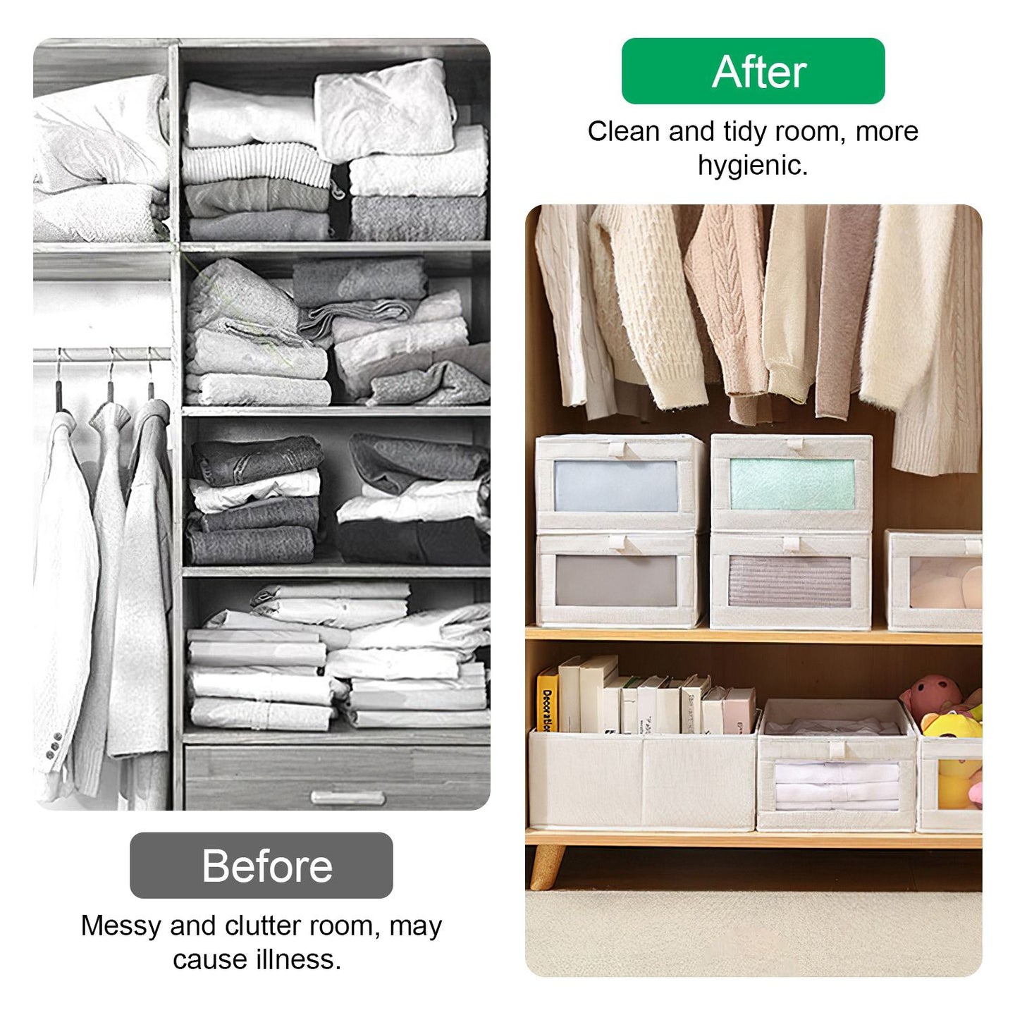 4PCS Foldable Linen Closet Storage Bins with Clear Window, Washable Fabric Baskets for Clothes Organization