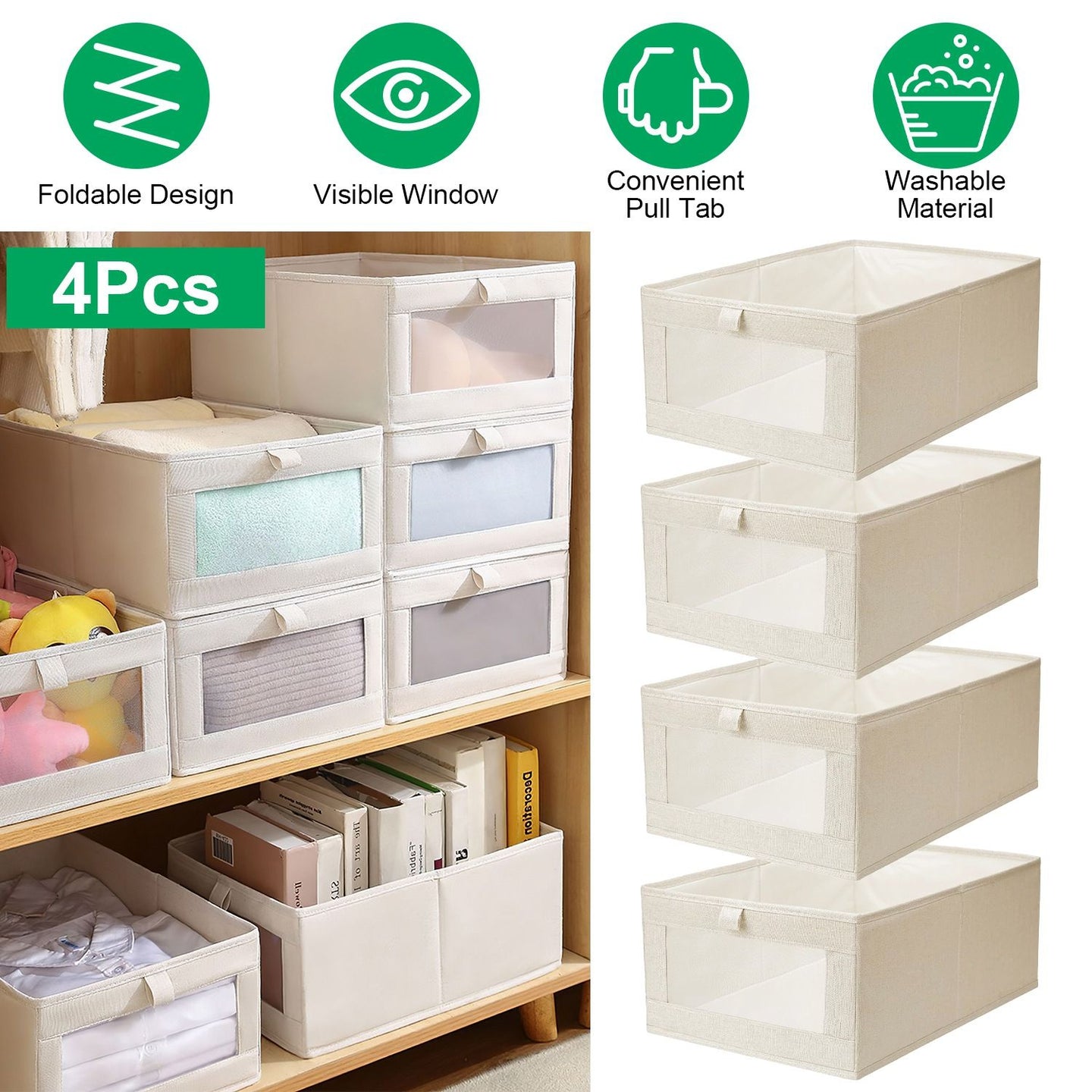 4PCS Foldable Linen Closet Storage Bins with Clear Window, Washable Fabric Baskets for Clothes Organization
