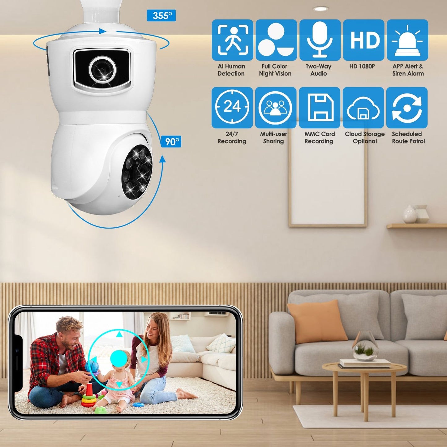 360° WiFi Light Bulb Security Camera with Two-Way Audio & Motion Detection