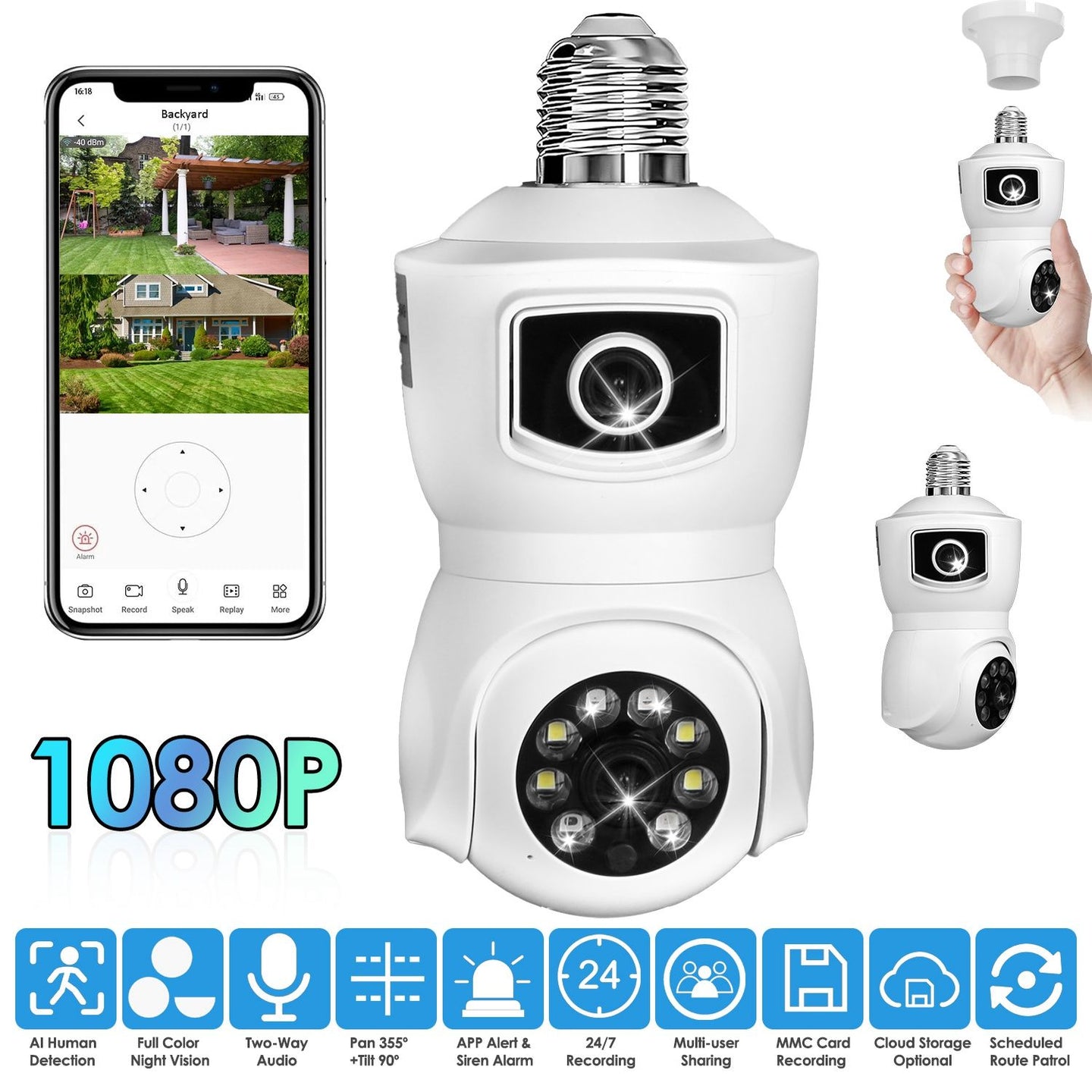 360° WiFi Light Bulb Security Camera with Two-Way Audio & Motion Detection