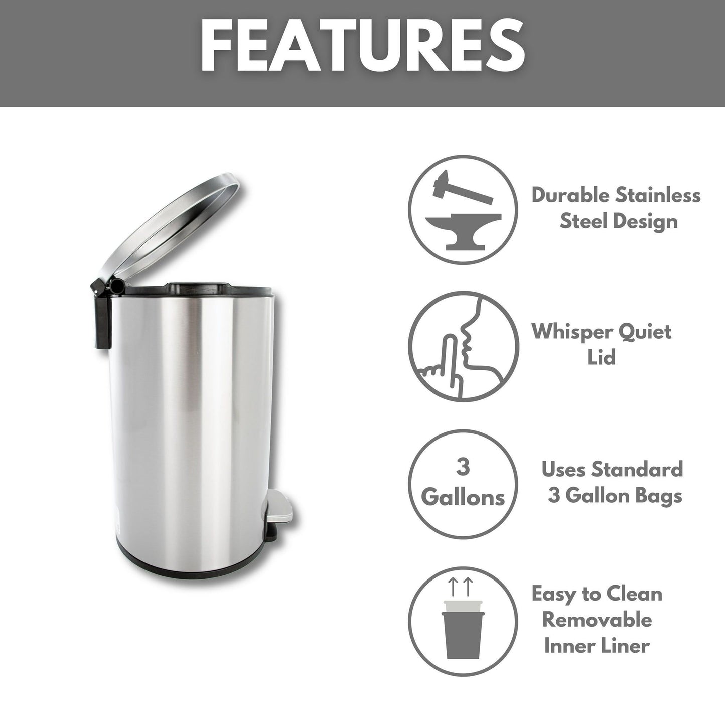 3.1 Gallon Stainless Steel Step Trash Can – Bathroom & Kitchen Garbage Bin, Silver