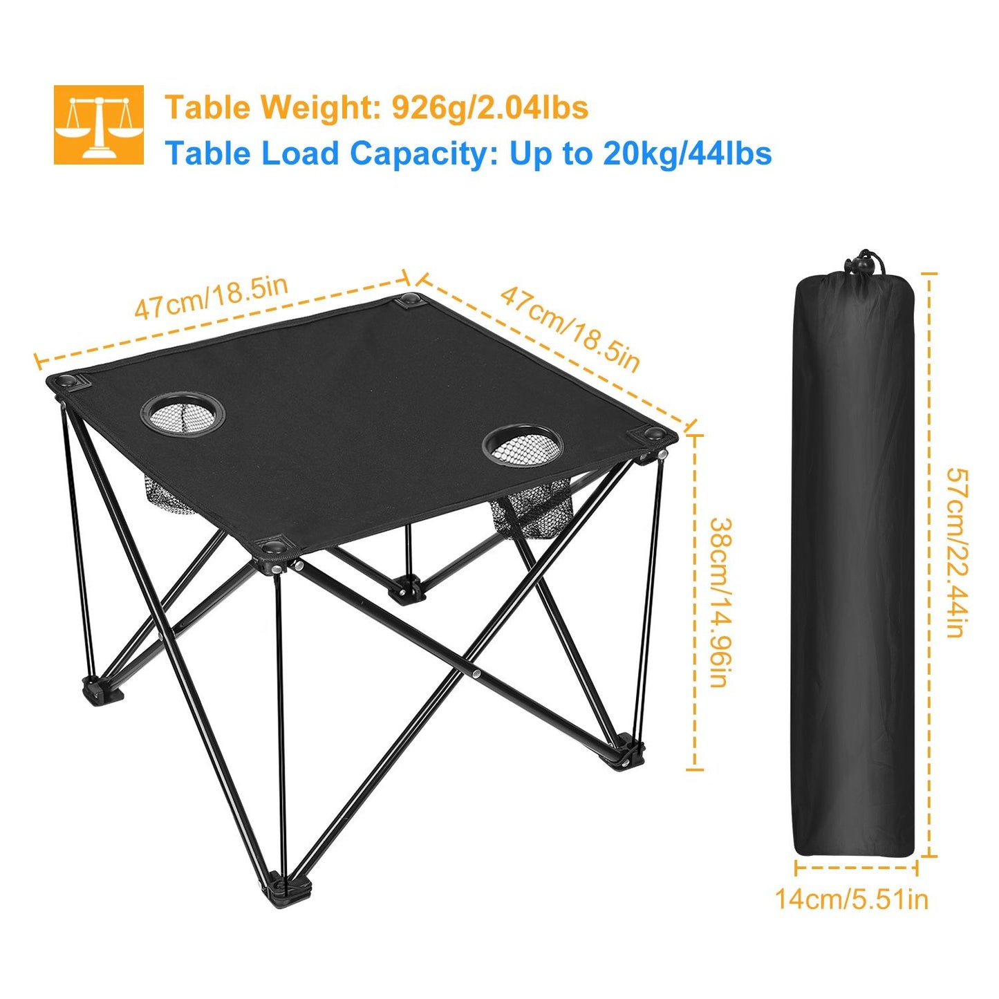 Portable Folding Camp Table 18.5" – Ultralight Mini Picnic Table w/ Cup Holders