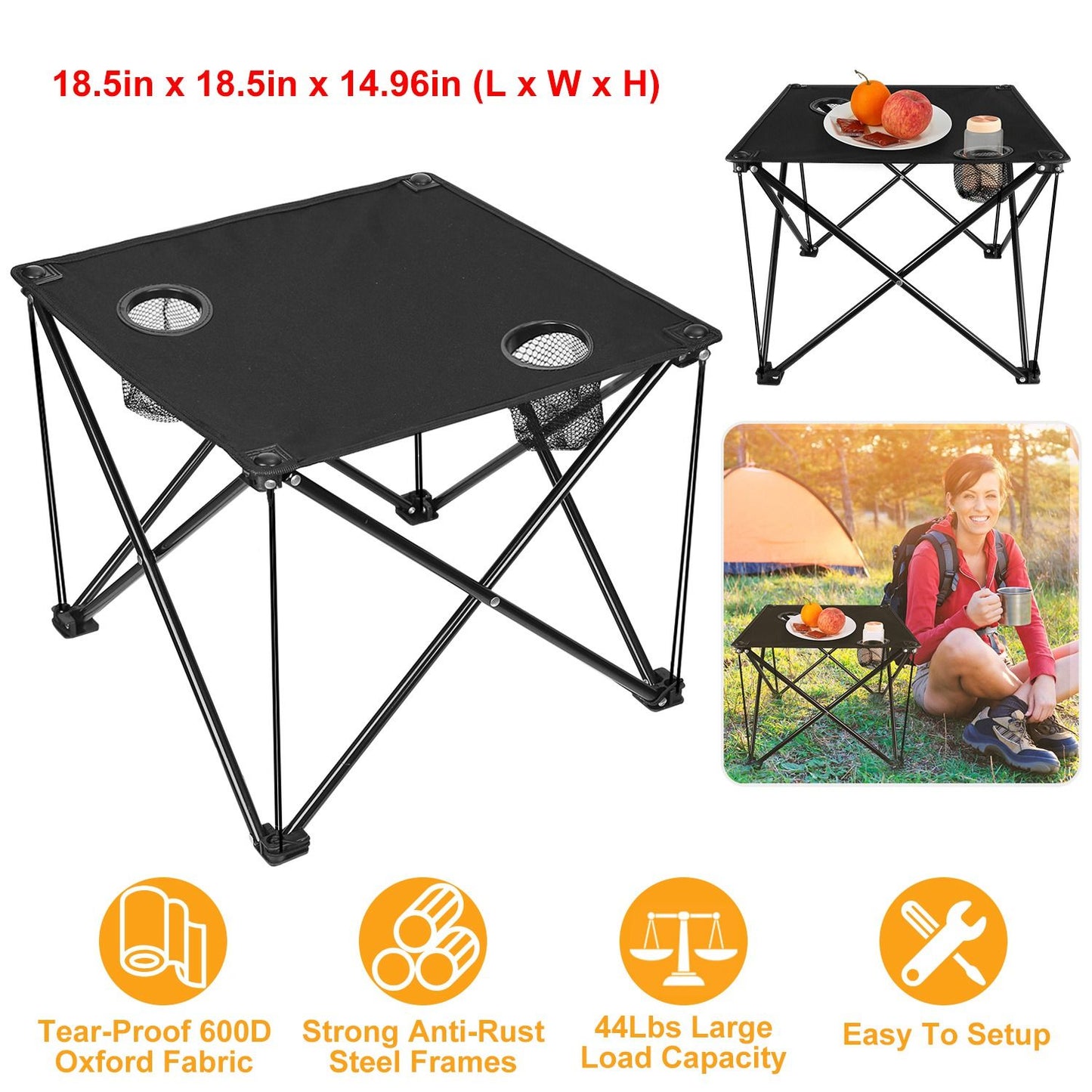 Portable Folding Camp Table 18.5" – Ultralight Mini Picnic Table w/ Cup Holders