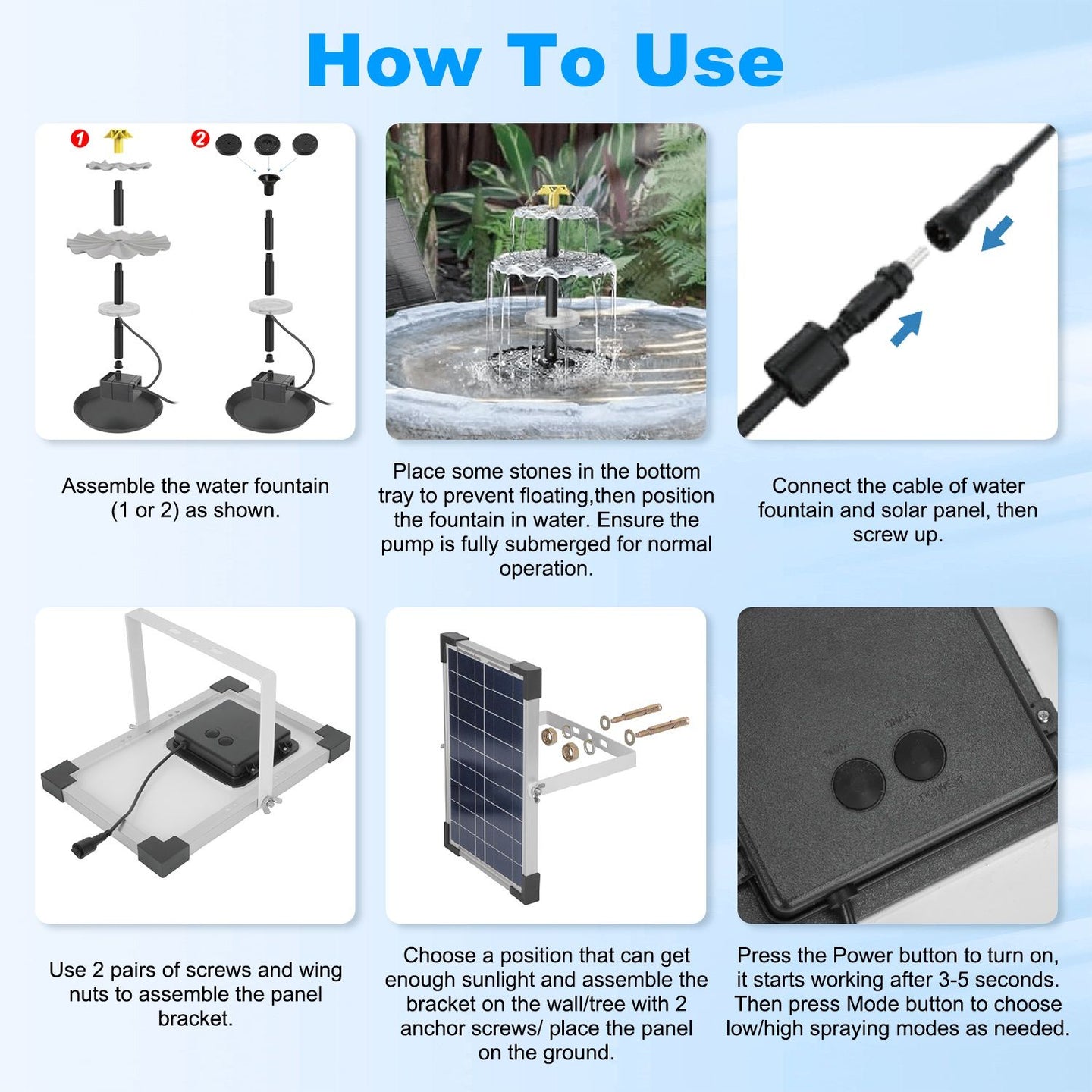 Solar Powered Fountain with 2200mAh Battery Backup, IP68 Waterproof Solar Water Fountain Pump , 2 Water Modes, Adjustable Height & 3 Nozzles, Colorful LED Lights for Garden Patio Pool