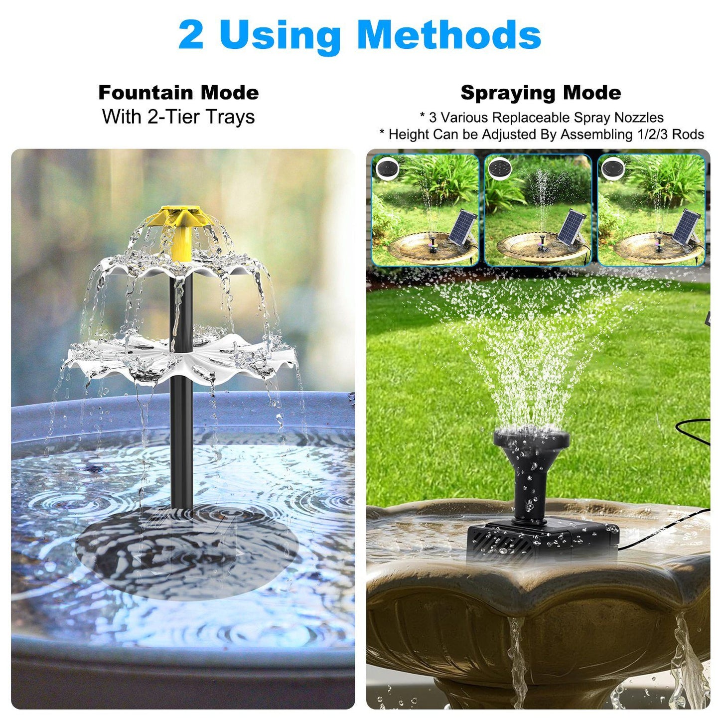 Solar Powered Fountain with 2200mAh Battery Backup, IP68 Waterproof Solar Water Fountain Pump , 2 Water Modes, Adjustable Height & 3 Nozzles, Colorful LED Lights for Garden Patio Pool