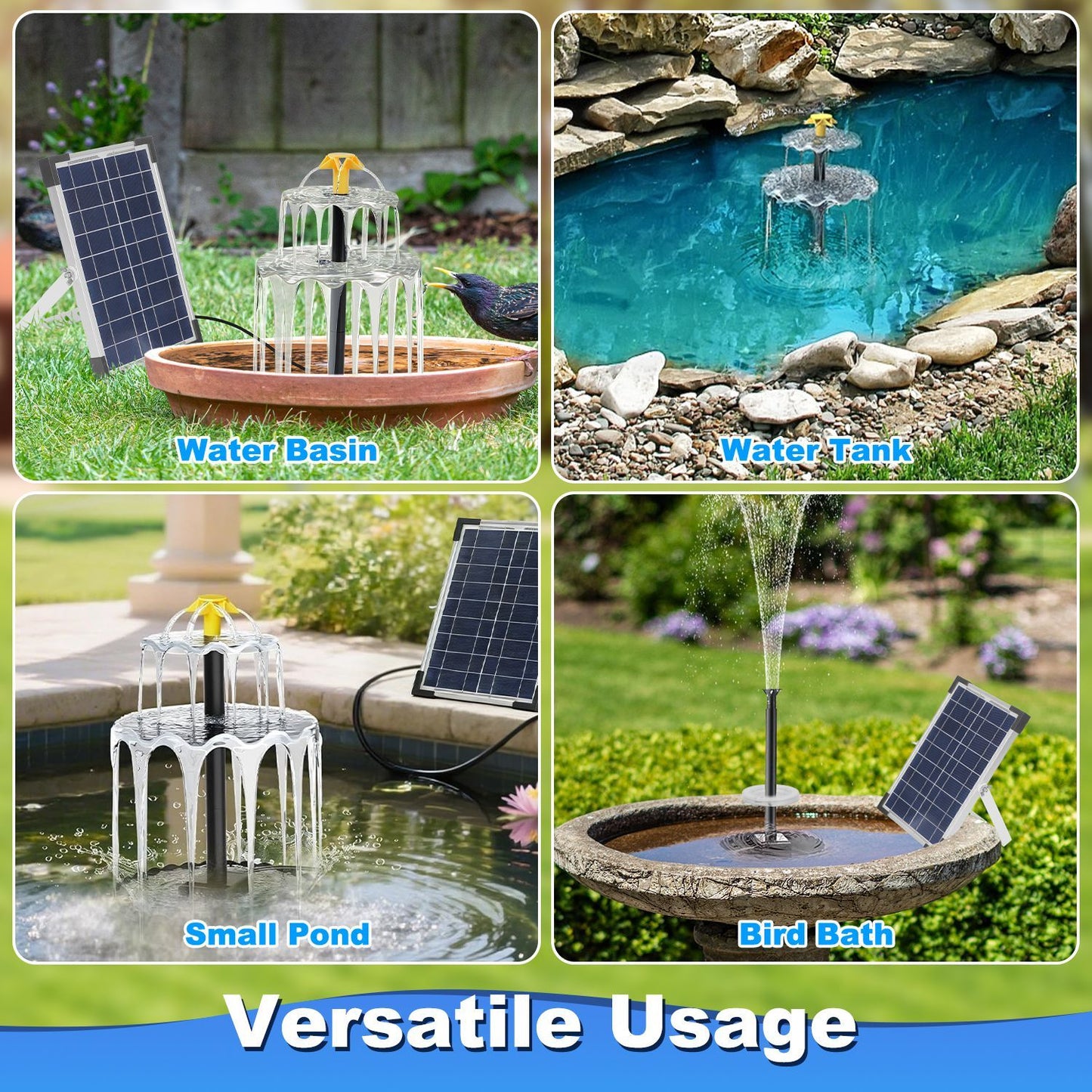Solar Powered Fountain with 2200mAh Battery Backup, IP68 Waterproof Solar Water Fountain Pump , 2 Water Modes, Adjustable Height & 3 Nozzles, Colorful LED Lights for Garden Patio Pool