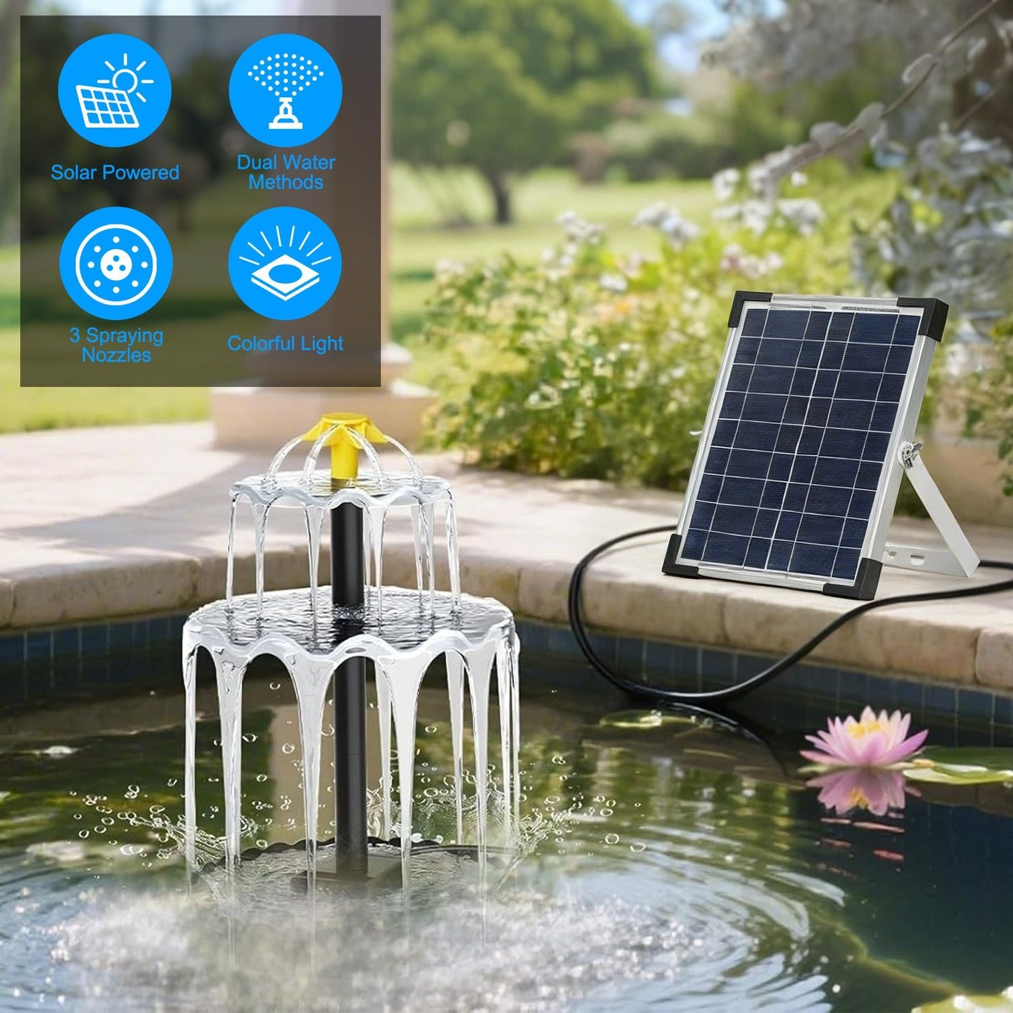 Solar Powered Fountain with 2200mAh Battery Backup, IP68 Waterproof Solar Water Fountain Pump , 2 Water Modes, Adjustable Height & 3 Nozzles, Colorful LED Lights for Garden Patio Pool