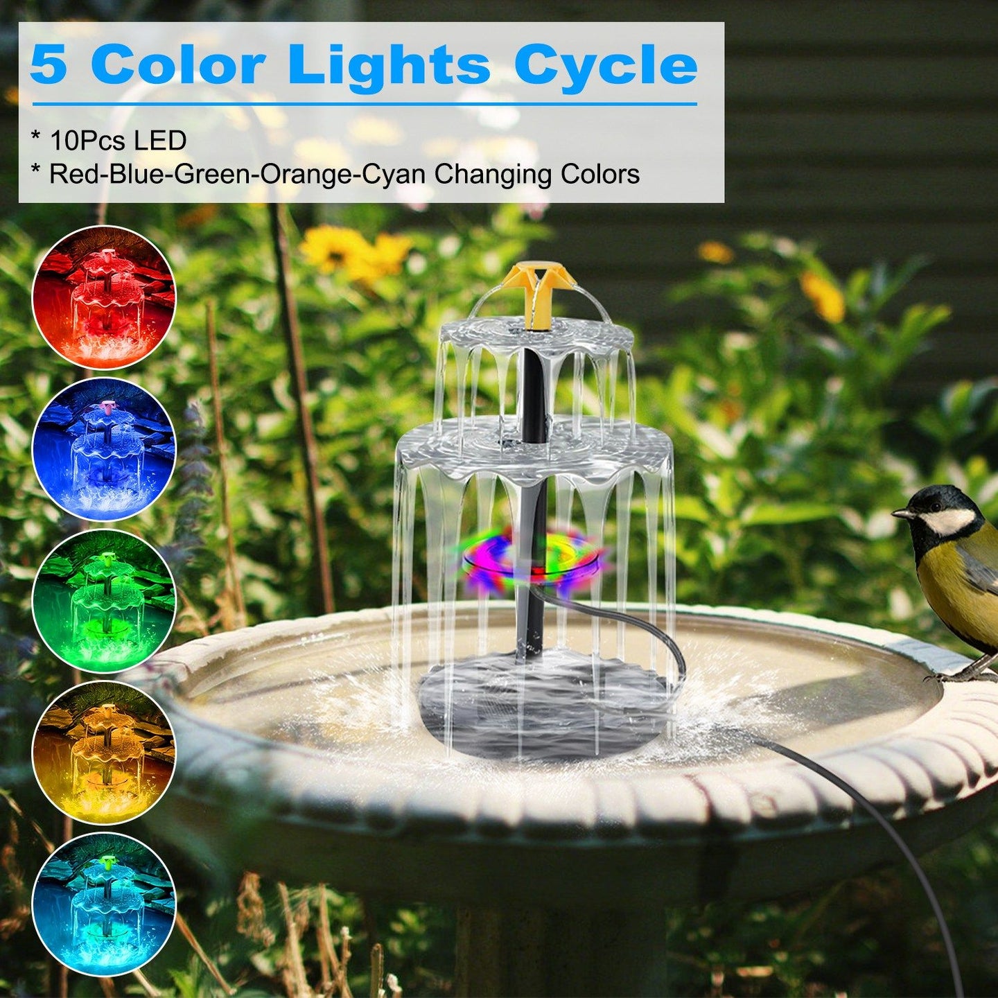 Solar Powered Fountain with 2200mAh Battery Backup, IP68 Waterproof Solar Water Fountain Pump , 2 Water Modes, Adjustable Height & 3 Nozzles, Colorful LED Lights for Garden Patio Pool