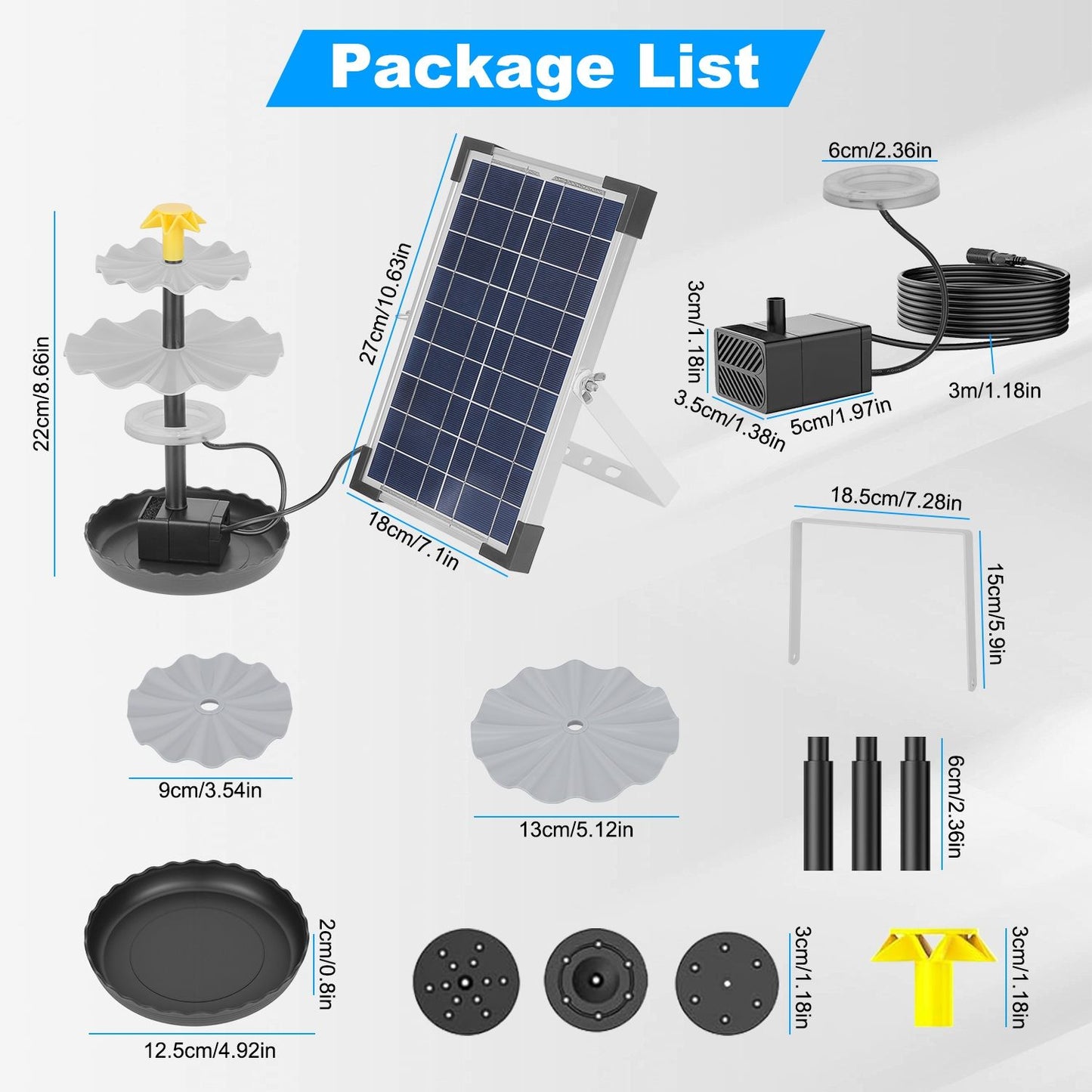 Solar Powered Fountain with 2200mAh Battery Backup, IP68 Waterproof Solar Water Fountain Pump , 2 Water Modes, Adjustable Height & 3 Nozzles, Colorful LED Lights for Garden Patio Pool