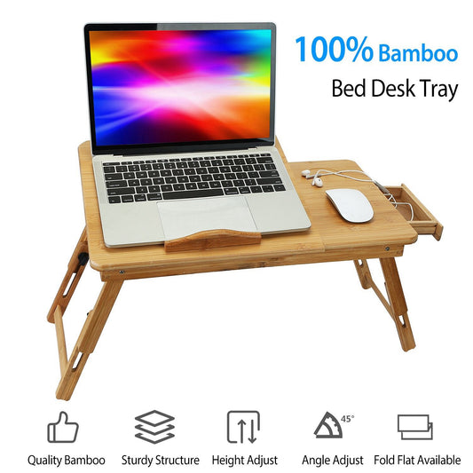 Adjustable Bamboo Laptop Bed Tray – Foldable Workstation with Storage Drawer