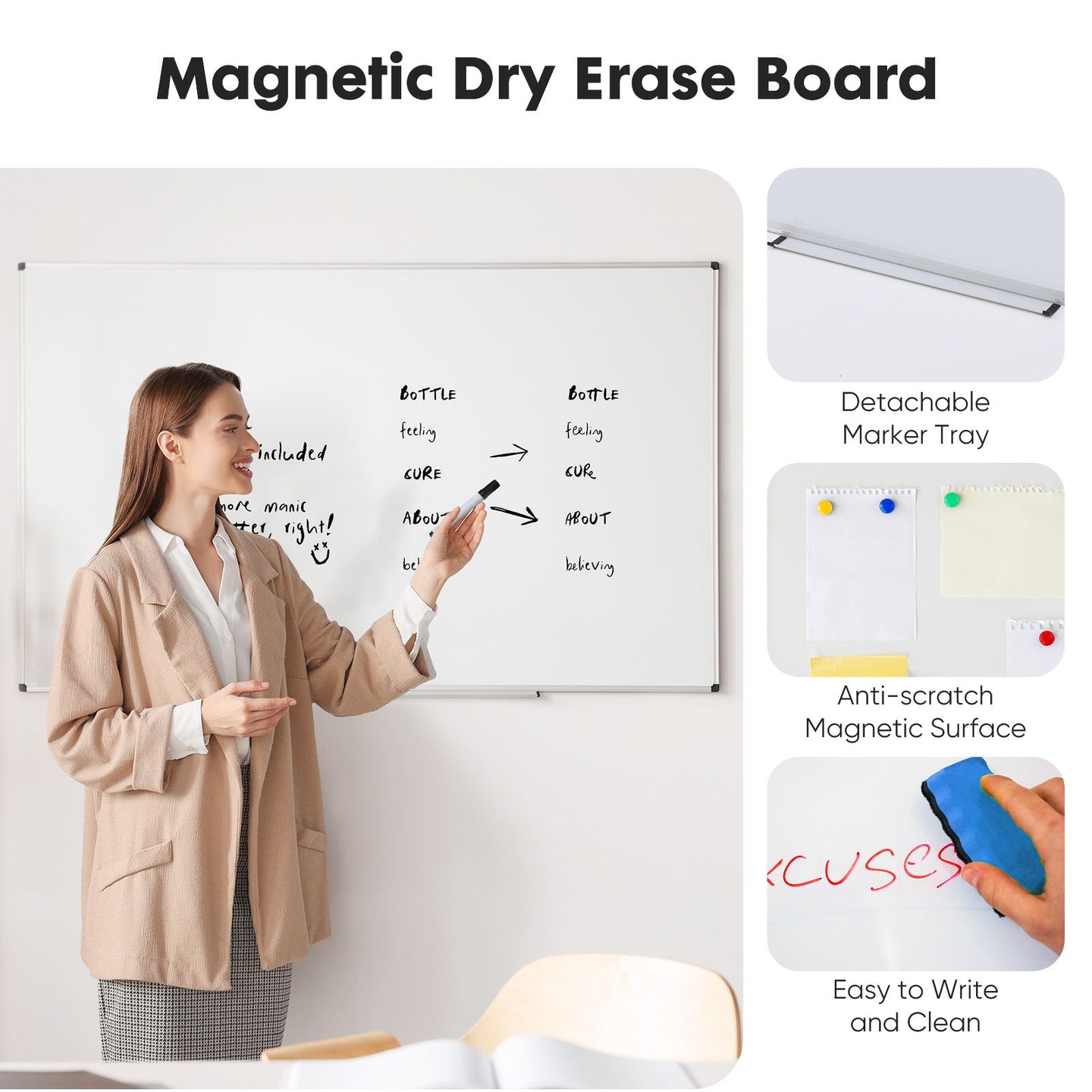 36x24" Magnetic Dry Erase Board - Silver Aluminum Frame Whiteboard