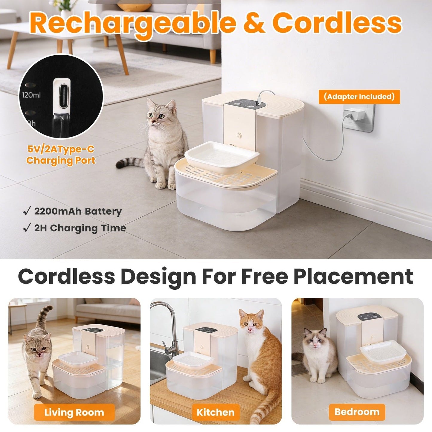 Cordless Pet Water Fountain, 4.5L Large Dual Tank Automatic Dog & Cat Dispenser