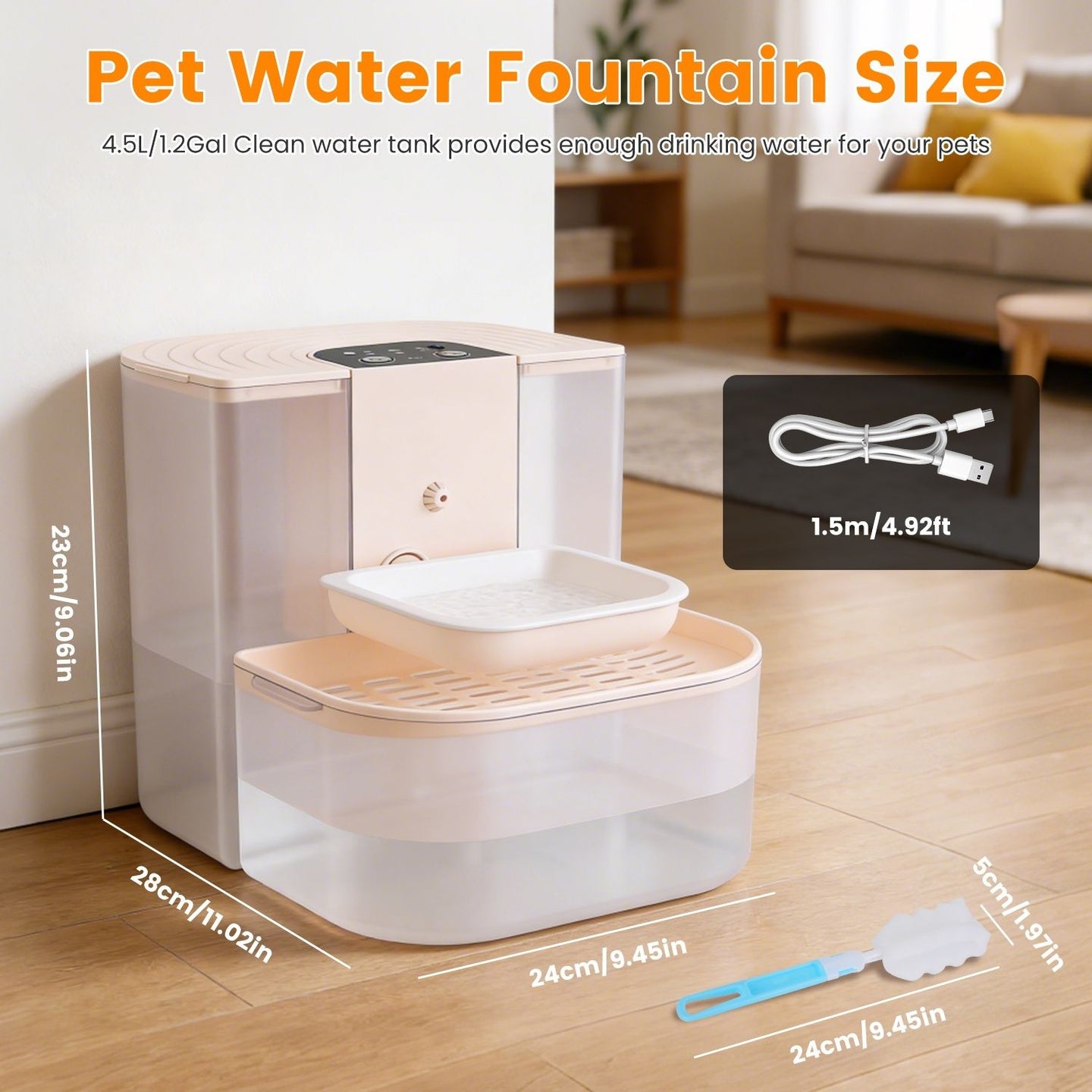 Cordless Pet Water Fountain, 4.5L Large Dual Tank Automatic Dog & Cat Dispenser