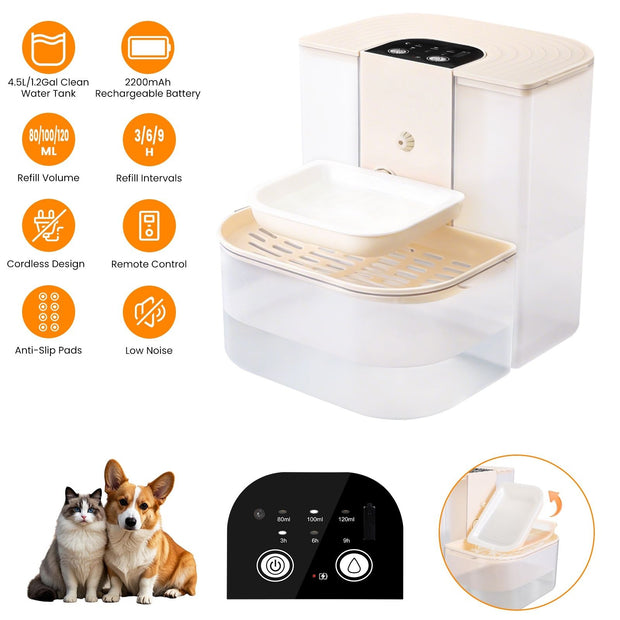 Cordless Pet Water Fountain, 4.5L Large Dual Tank Automatic Dog & Cat Dispenser