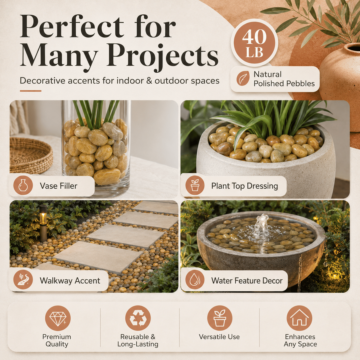 38 lbs White River Rocks, 2-3 inch Polished Pebbles - Versatile for indoor/outdoor use. Ideal for plant decor, vases, aquariums, and creating serene garden landscapes.