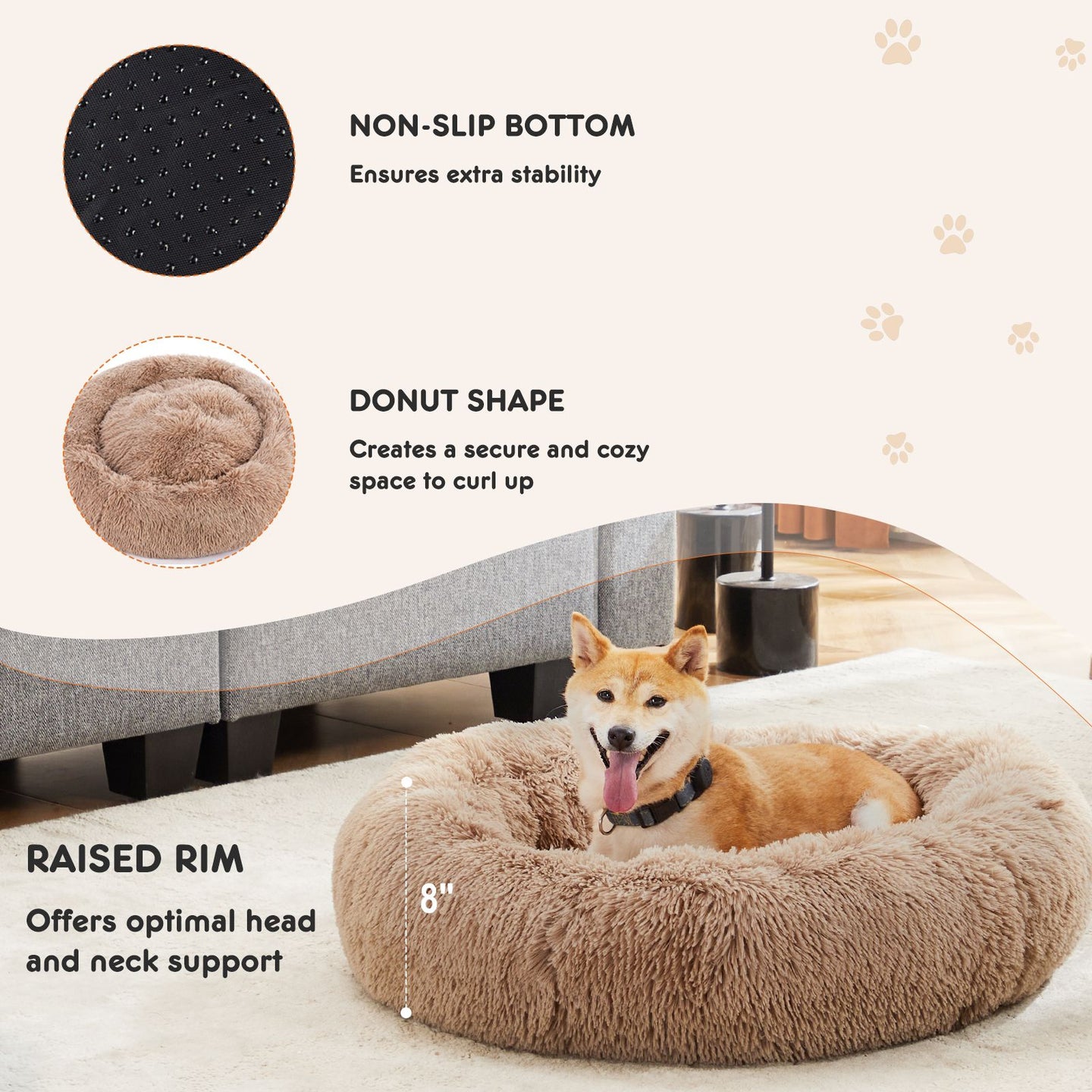 24 Inch Anti-Slip Round Fluffy Plush Faux Fur Cat Bed, Fits up to 25 lbs Pets
