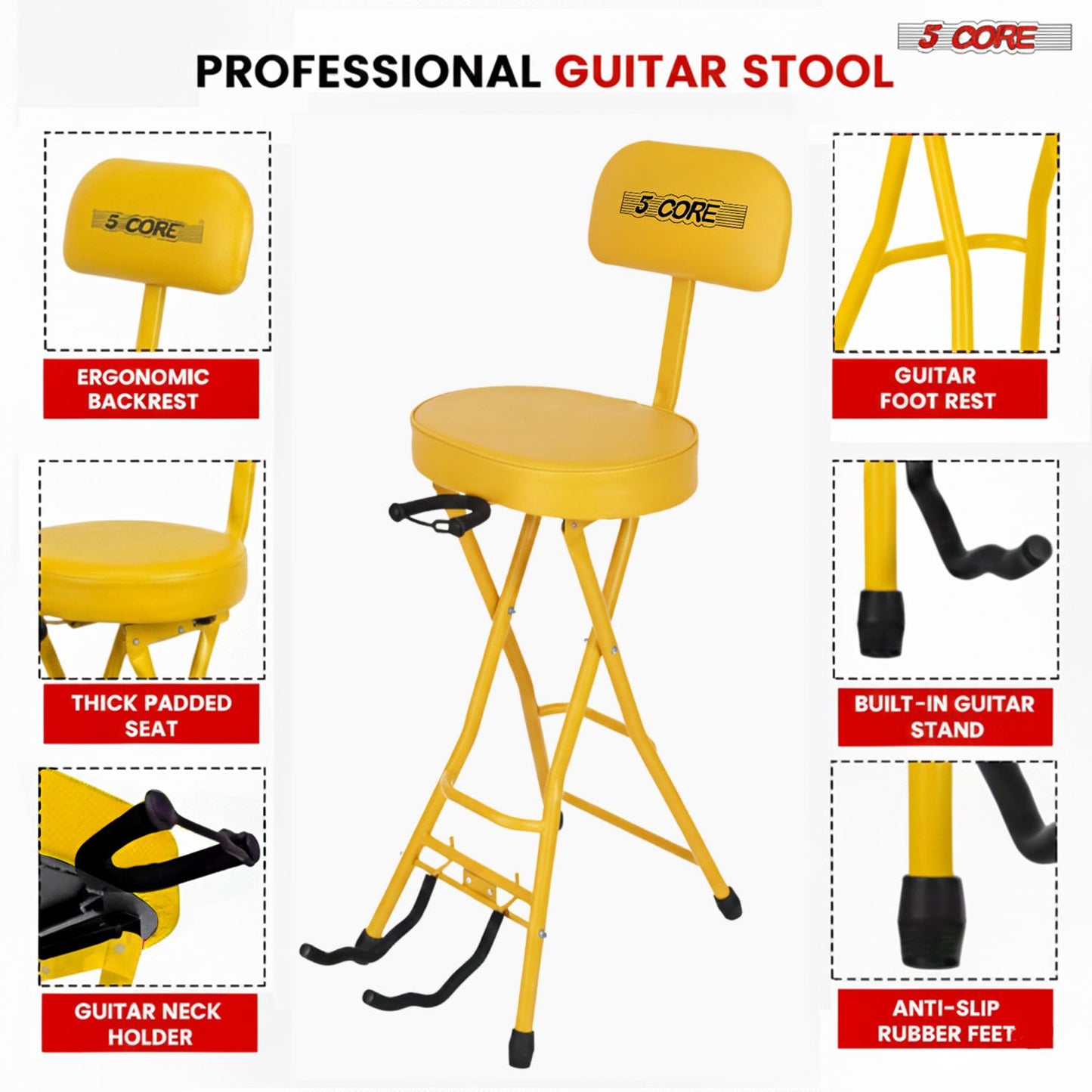 Padded Guitar Stool with Backrest, Built-in Stand & Footrest