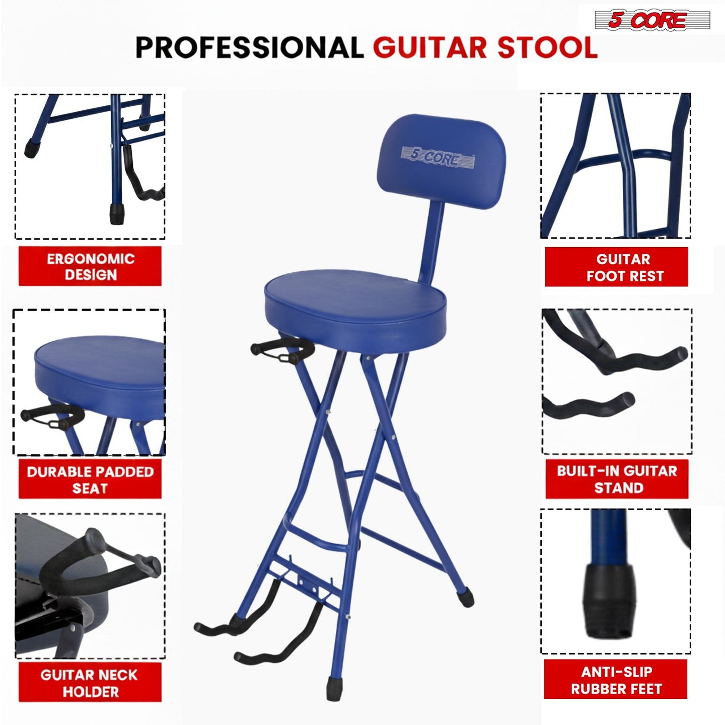 Padded Guitar Stool with Backrest, Built-in Stand & Footrest