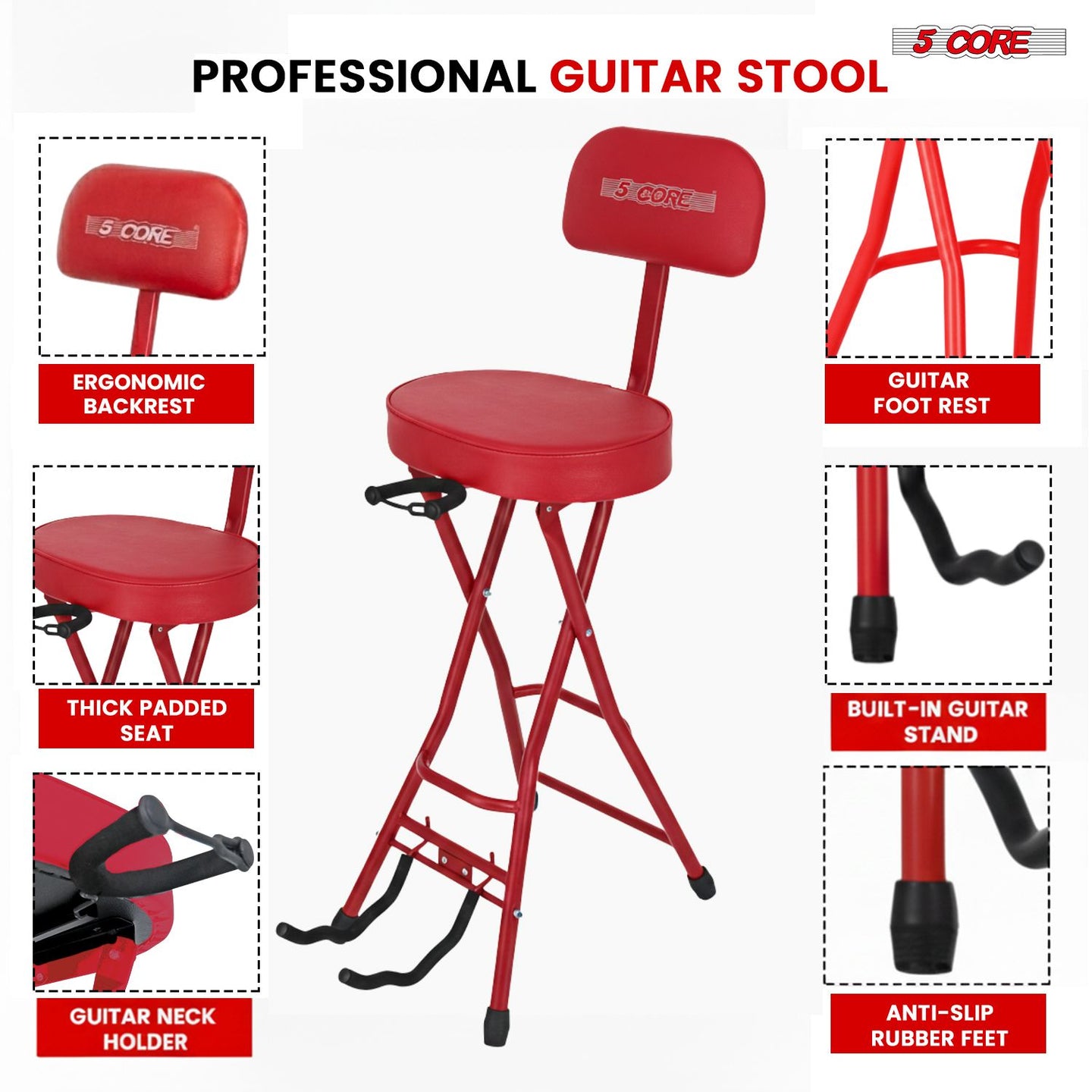 Padded Guitar Stool with Backrest, Built-in Stand & Footrest