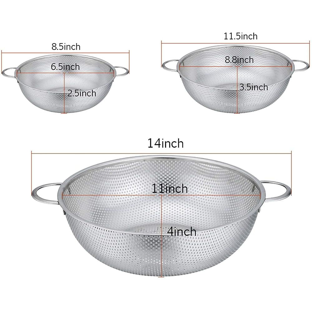 Colander Set of 3, Stainless Steel Micro-Perforated Colanders Strainers for Draining Rinsing Washing, Ideal for Pasta Vegetables Fruits, Heavy Duty & Dishwasher Safe - 1/3/5 Quart