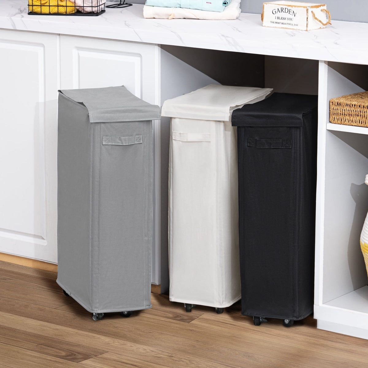 Slim Laundry Hamper with Lid & Wheels – 65L Collapsible Laundry Basket, Gray