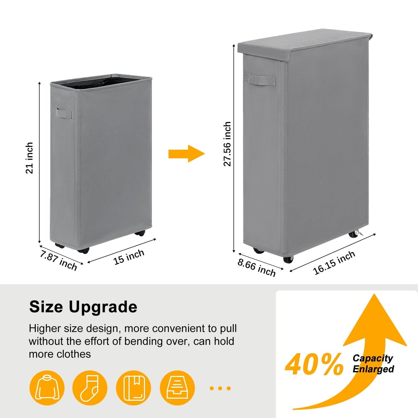 Slim Laundry Hamper with Lid & Wheels – 65L Collapsible Laundry Basket, Gray