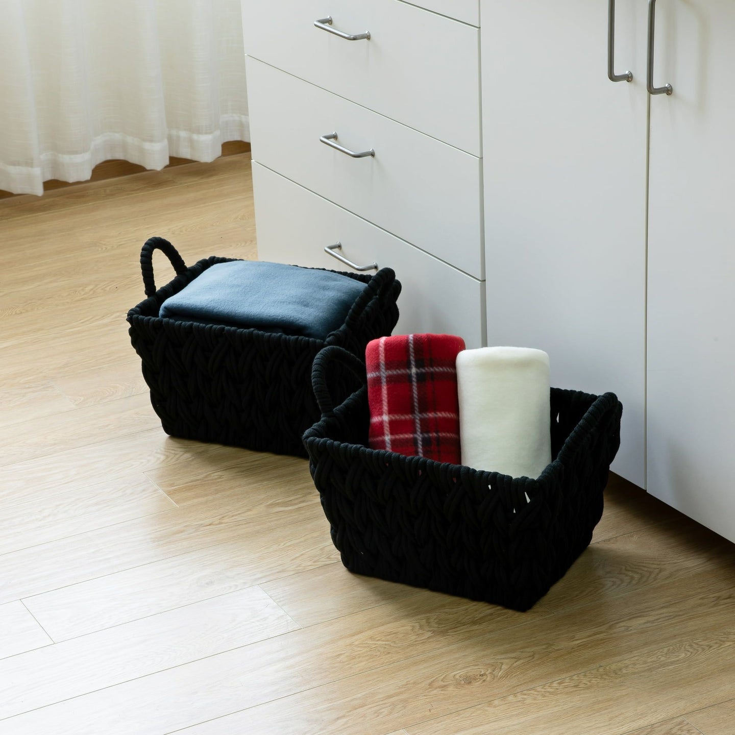 Medium Black Woven Rope Decorative Storage Basket, 2 Pack