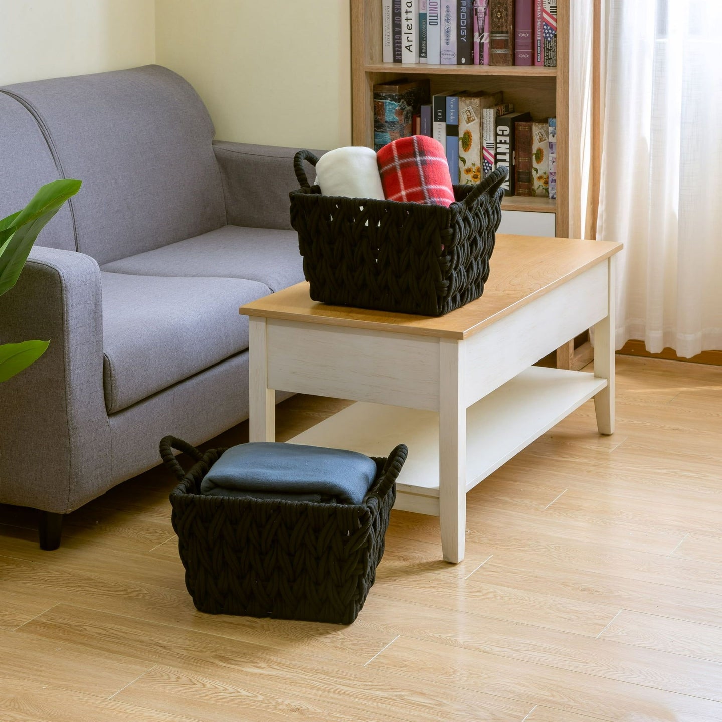 Medium Black Woven Rope Decorative Storage Basket, 2 Pack