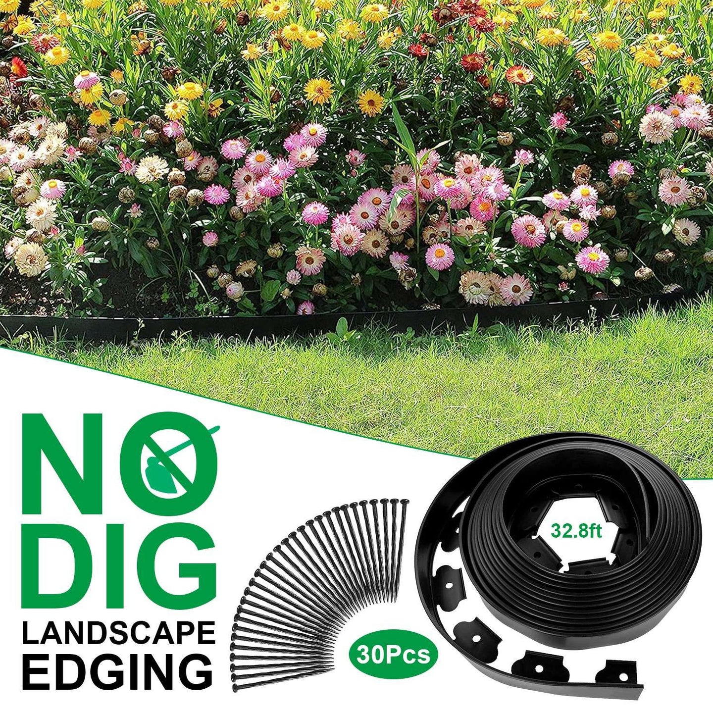 32.8FT Non-Digging Plastic Garden Edging Kit Plastic Garden Border with 30 Spikes 2In Tall Border Edging for Garden Lawn Yard Flower Beds