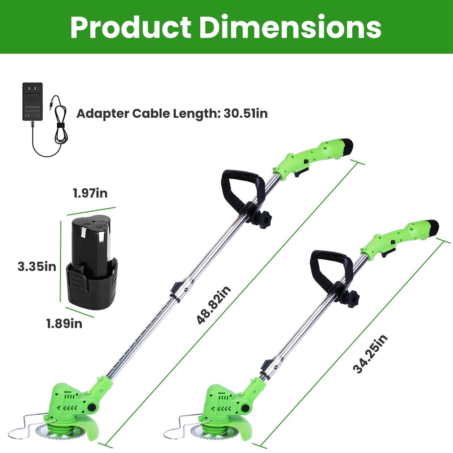 200W Cordless String Trimmer & Edger, 2Pcs 1200mAh Battery Weed Wacker with 3 Types Blades, Adjustable Length & Angle (34.25"-48.82"), Lightweight Lawn Trimmer for Yard Garden Farm Bush Cutting