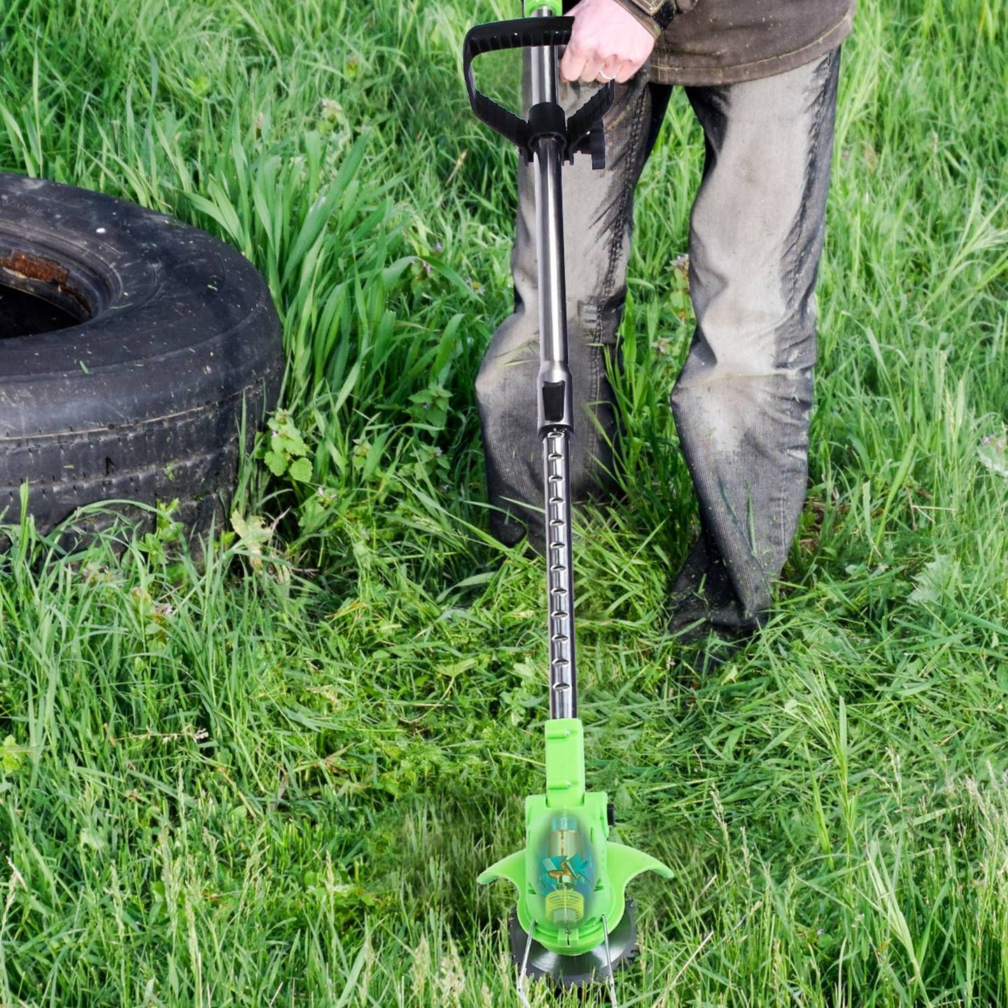 200W Cordless String Trimmer & Edger, 2Pcs 1200mAh Battery Weed Wacker with 3 Types Blades, Adjustable Length & Angle (34.25"-48.82"), Lightweight Lawn Trimmer for Yard Garden Farm Bush Cutting