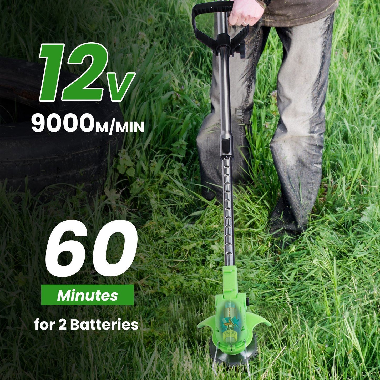 200W Cordless String Trimmer & Edger, 2Pcs 1200mAh Battery Weed Wacker with 3 Types Blades, Adjustable Length & Angle (34.25"-48.82"), Lightweight Lawn Trimmer for Yard Garden Farm Bush Cutting