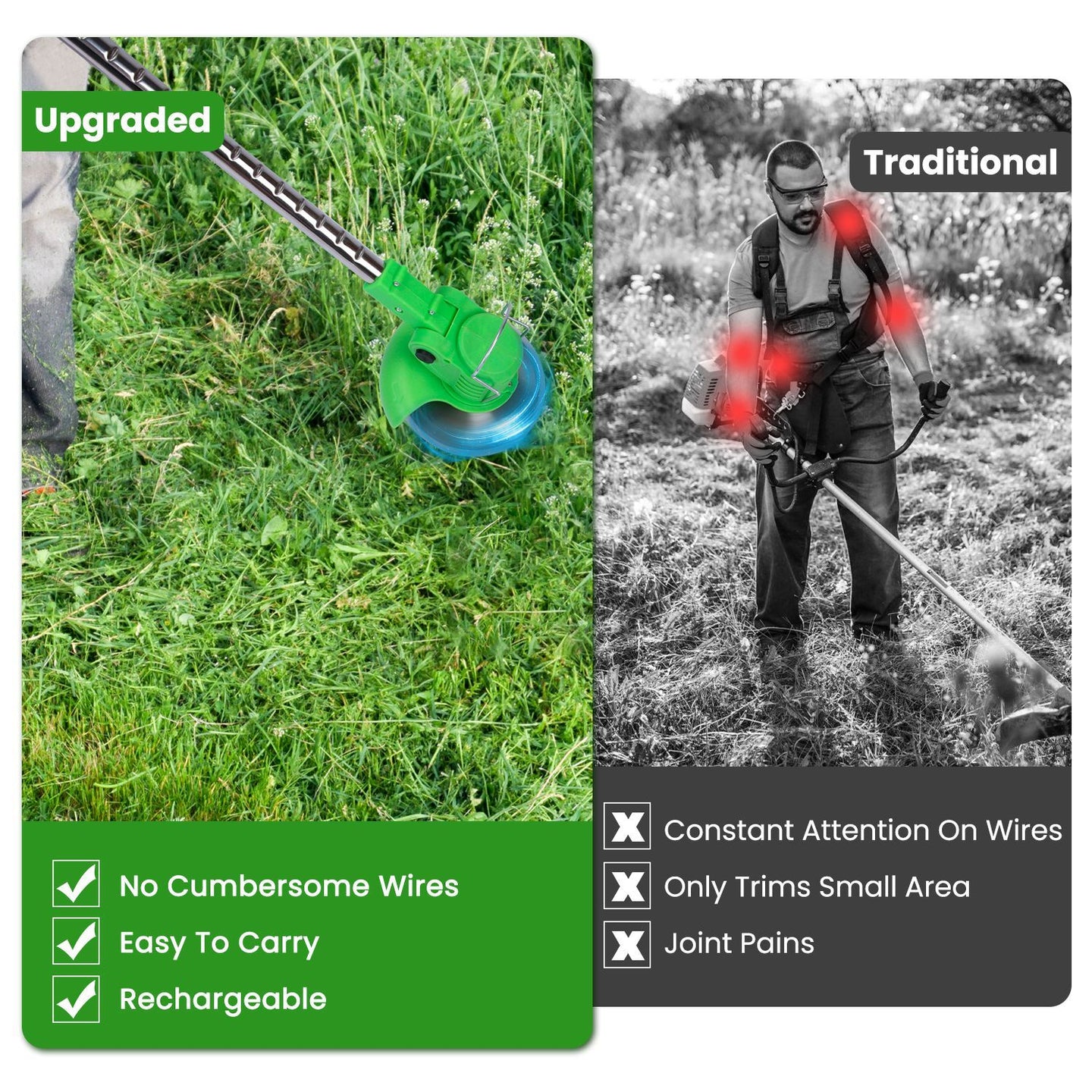 200W Cordless String Trimmer & Edger, 2Pcs 1200mAh Battery Weed Wacker with 3 Types Blades, Adjustable Length & Angle (34.25"-48.82"), Lightweight Lawn Trimmer for Yard Garden Farm Bush Cutting