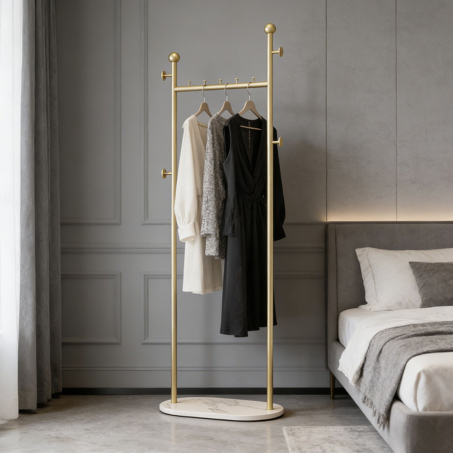Clothing Rack, Golden Metal Freestanding Heavy Duty Clothes Rack with Marble Base, Multipurpose Garment Hanger for Bedroom, Hat, Scarf, Jacket,