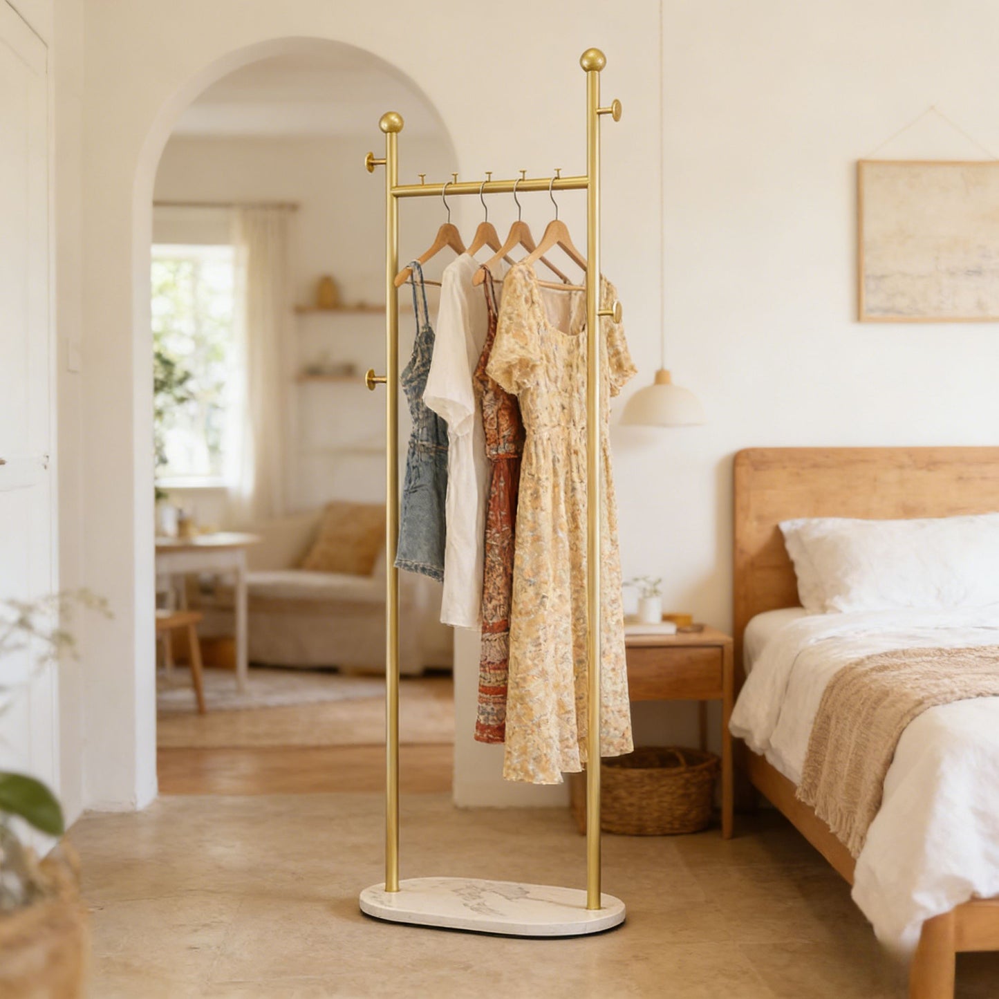 Clothing Rack, Golden Metal Freestanding Heavy Duty Clothes Rack with Marble Base, Multipurpose Garment Hanger for Bedroom, Hat, Scarf, Jacket,