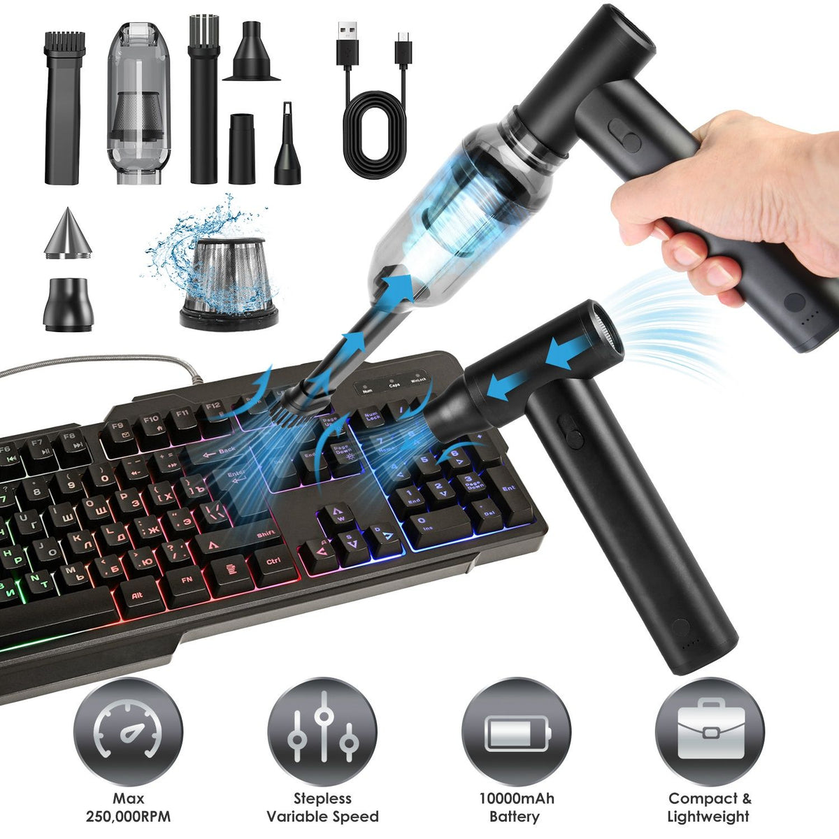 Cordless Air Duster 250000RPM for PC Keyboard & Electronics
