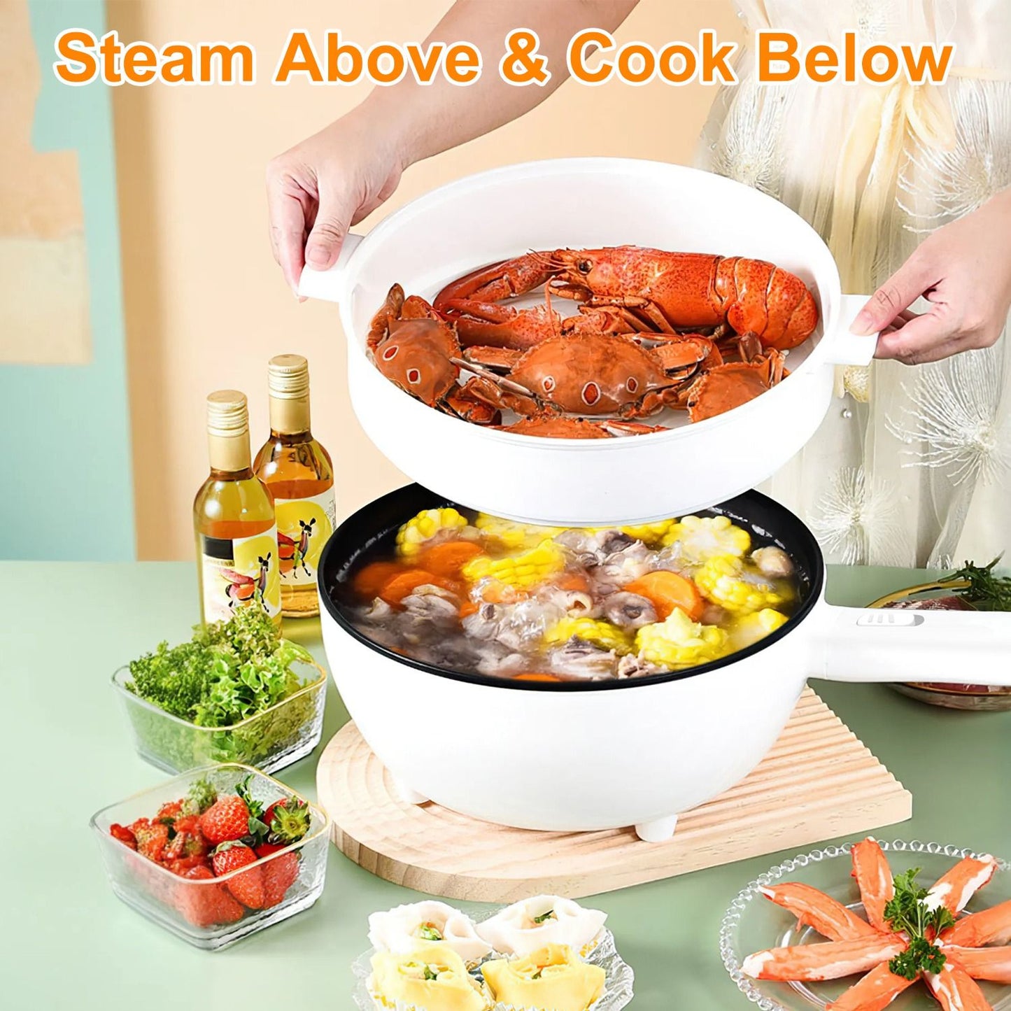 Electric Hot Pot with Nonstick Pan, Portable Ramen Cooker, Dual Power Control