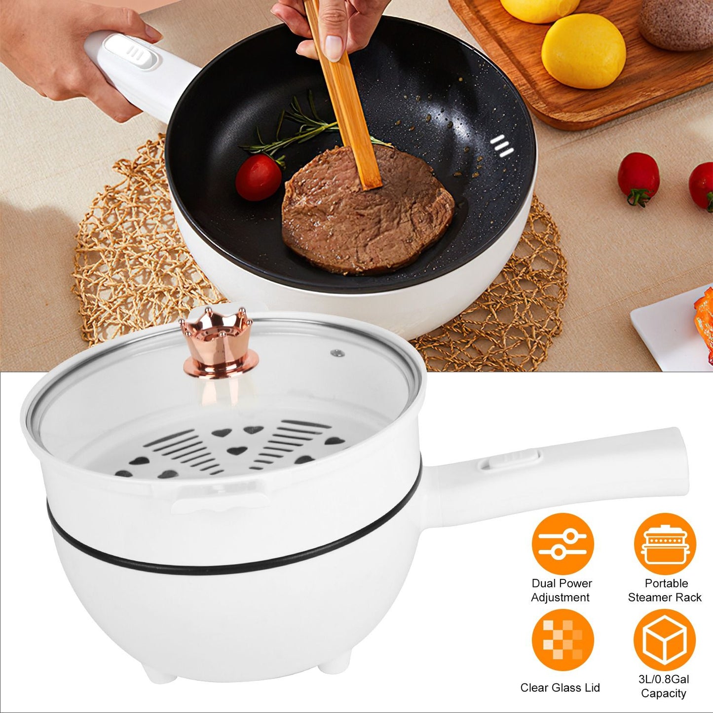 Electric Hot Pot with Nonstick Pan, Portable Ramen Cooker, Dual Power Control