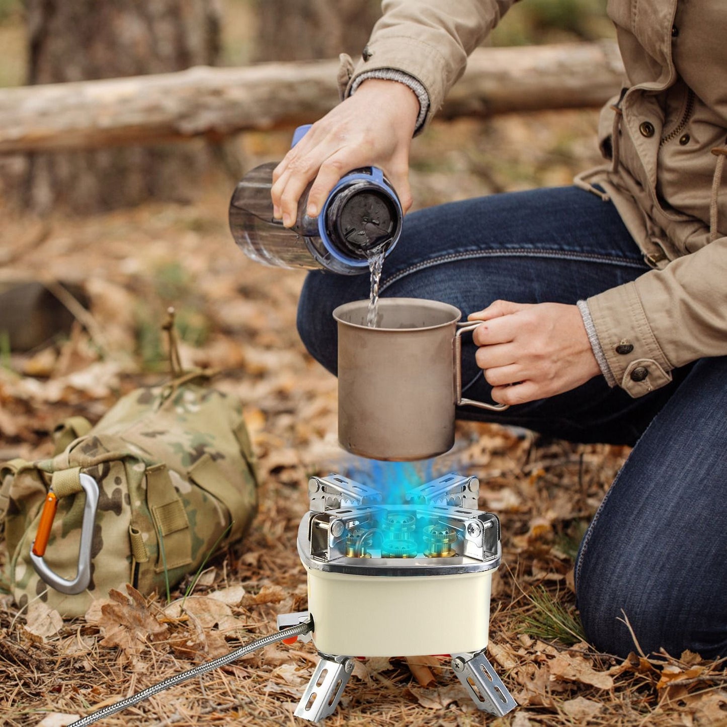 Foldable Portable Outdoor Gas Camping Stove 13000W Stepless Flame Control, Stainless Steel High Carbon Steel Copper Structure Supports 44lbs Multi Fuel with Carrying Bag Flexible Extension Tube
