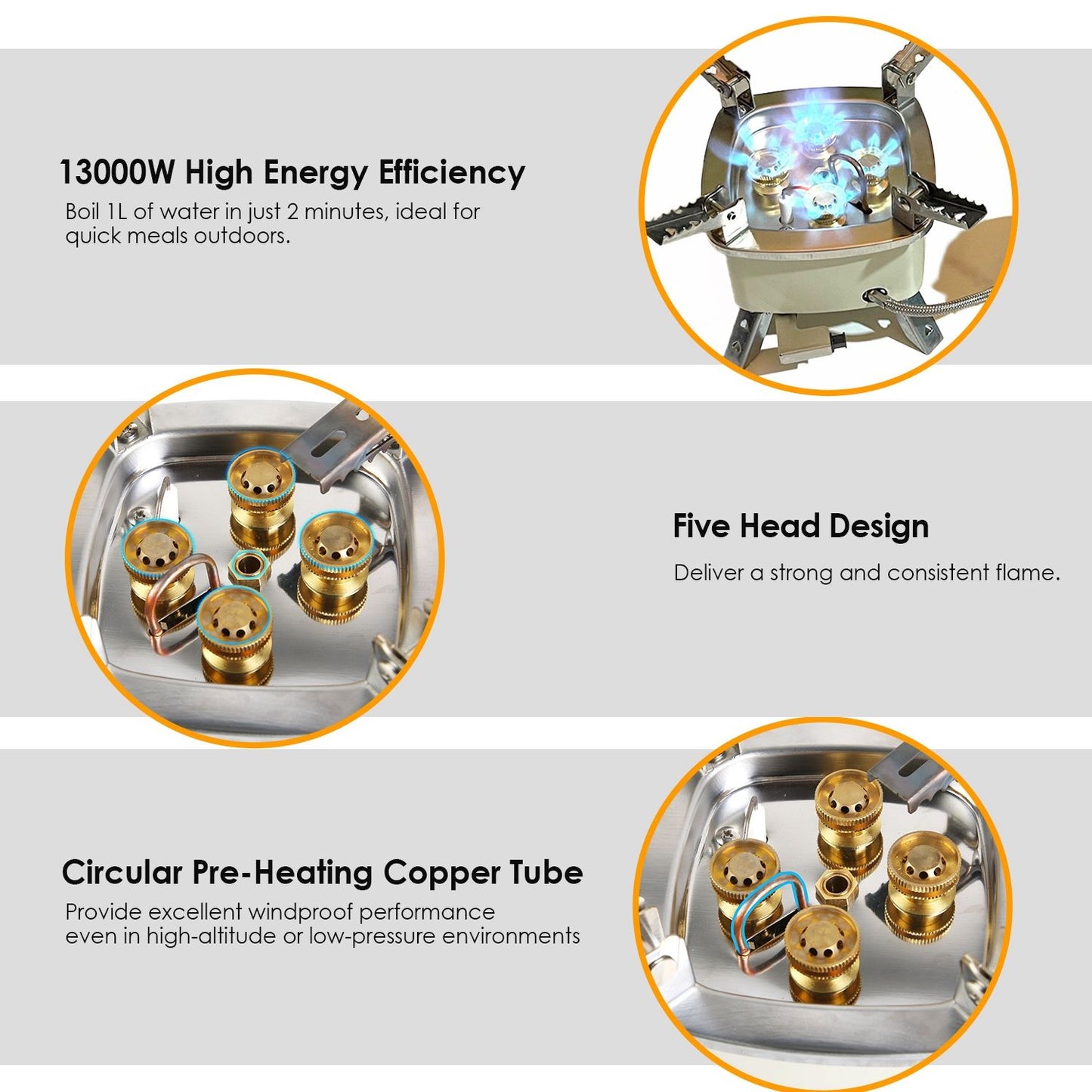 Foldable Portable Outdoor Gas Camping Stove 13000W Stepless Flame Control, Stainless Steel High Carbon Steel Copper Structure Supports 44lbs Multi Fuel with Carrying Bag Flexible Extension Tube