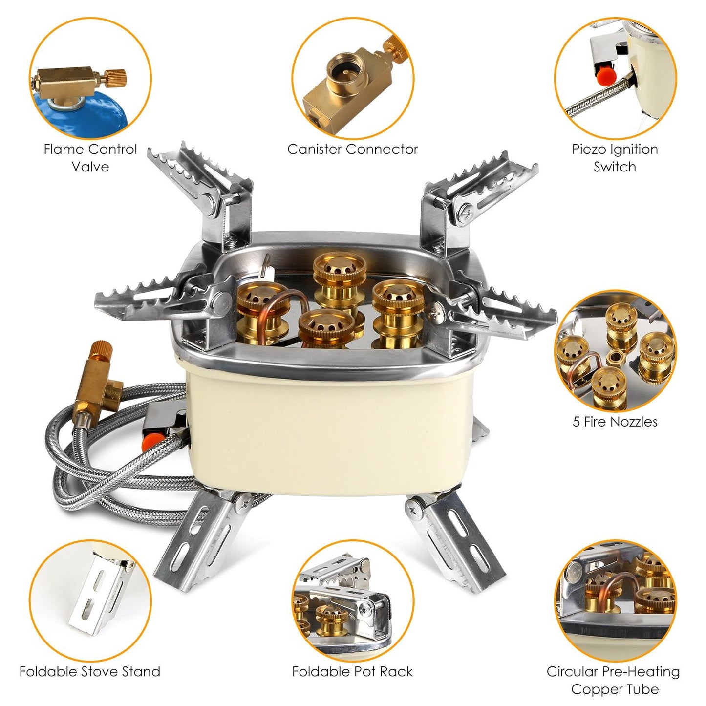 Foldable Portable Outdoor Gas Camping Stove 13000W Stepless Flame Control, Stainless Steel High Carbon Steel Copper Structure Supports 44lbs Multi Fuel with Carrying Bag Flexible Extension Tube
