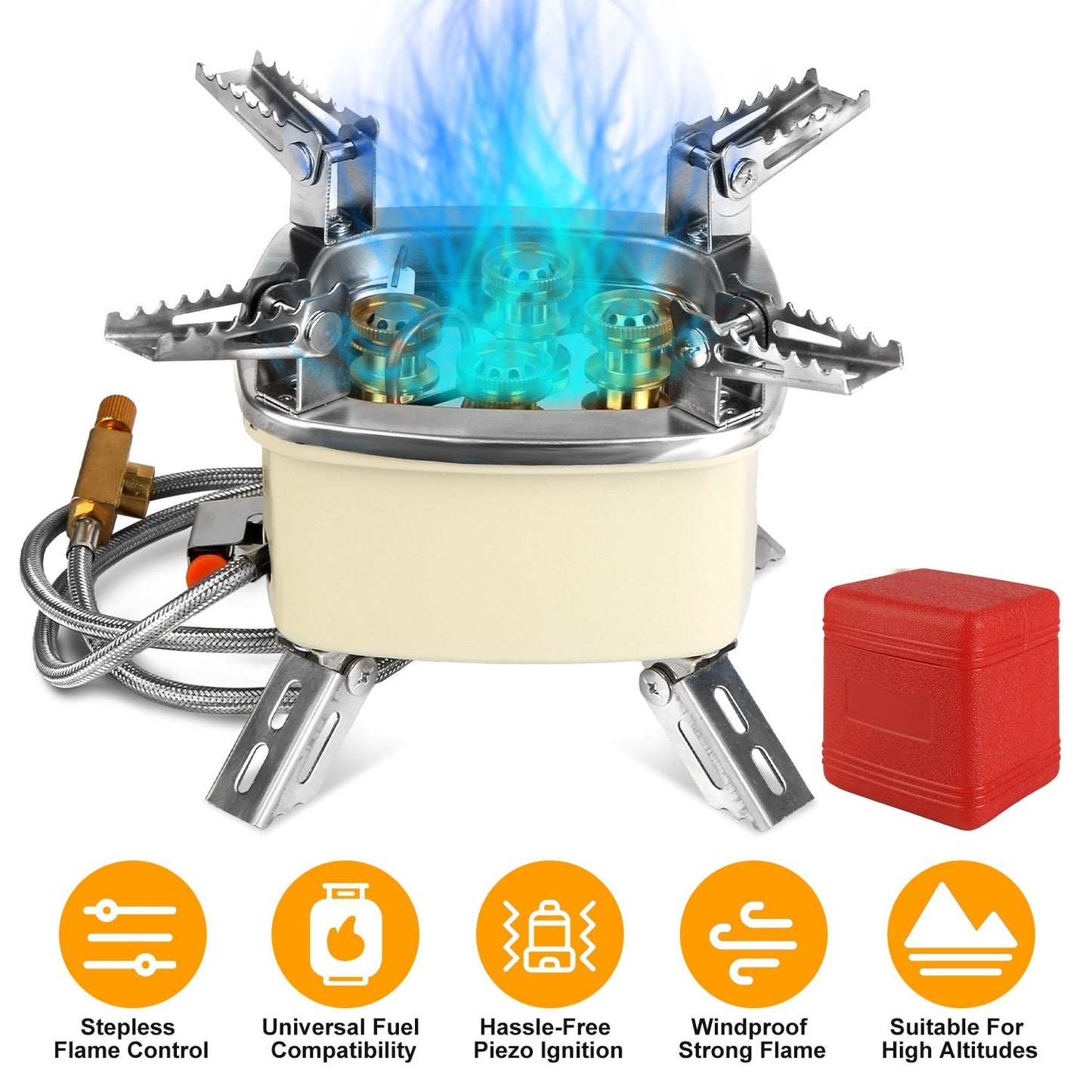Foldable Portable Outdoor Gas Camping Stove 13000W Stepless Flame Control, Stainless Steel High Carbon Steel Copper Structure Supports 44lbs Multi Fuel with Carrying Bag Flexible Extension Tube