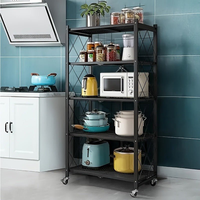 5-Tier Foldable Metal Storage Rack with Wheels - Heavy Duty Garage & Kitchen Organizer