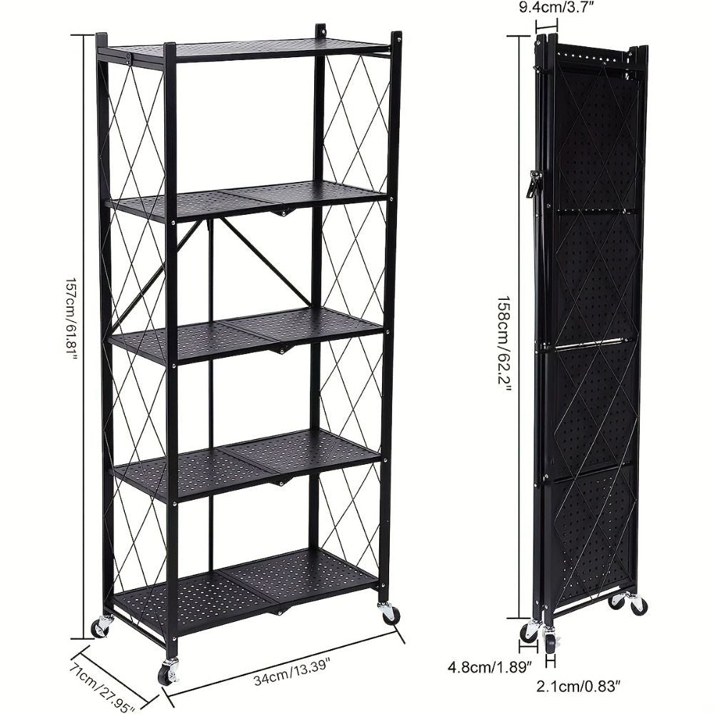 5-Tier Foldable Metal Storage Rack with Wheels - Heavy Duty Garage & Kitchen Organizer