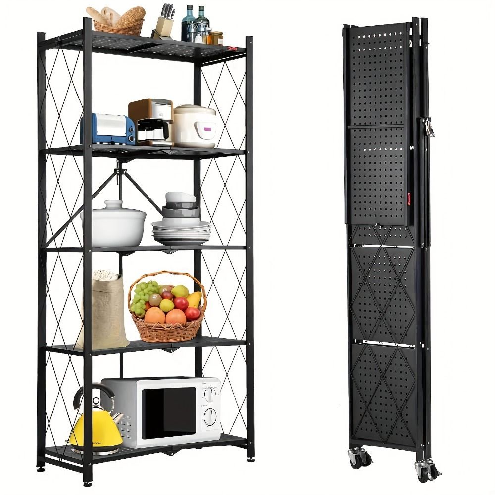 5-Tier Foldable Metal Storage Rack with Wheels - Heavy Duty Garage & Kitchen Organizer