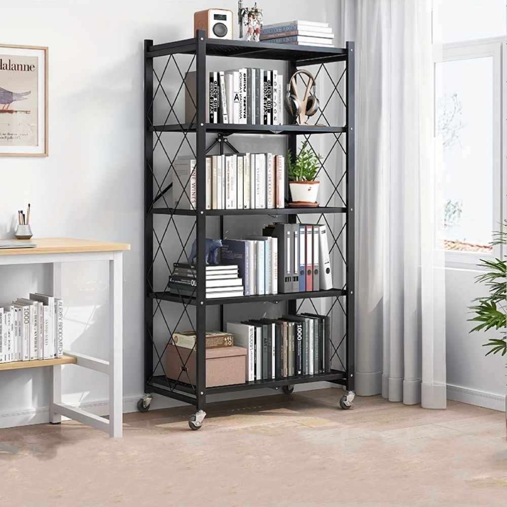 5-Tier Foldable Metal Storage Rack with Wheels - Heavy Duty Garage & Kitchen Organizer