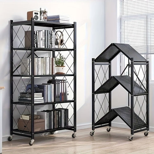5-Tier Foldable Metal Storage Rack with Wheels - Heavy Duty Garage & Kitchen Organizer