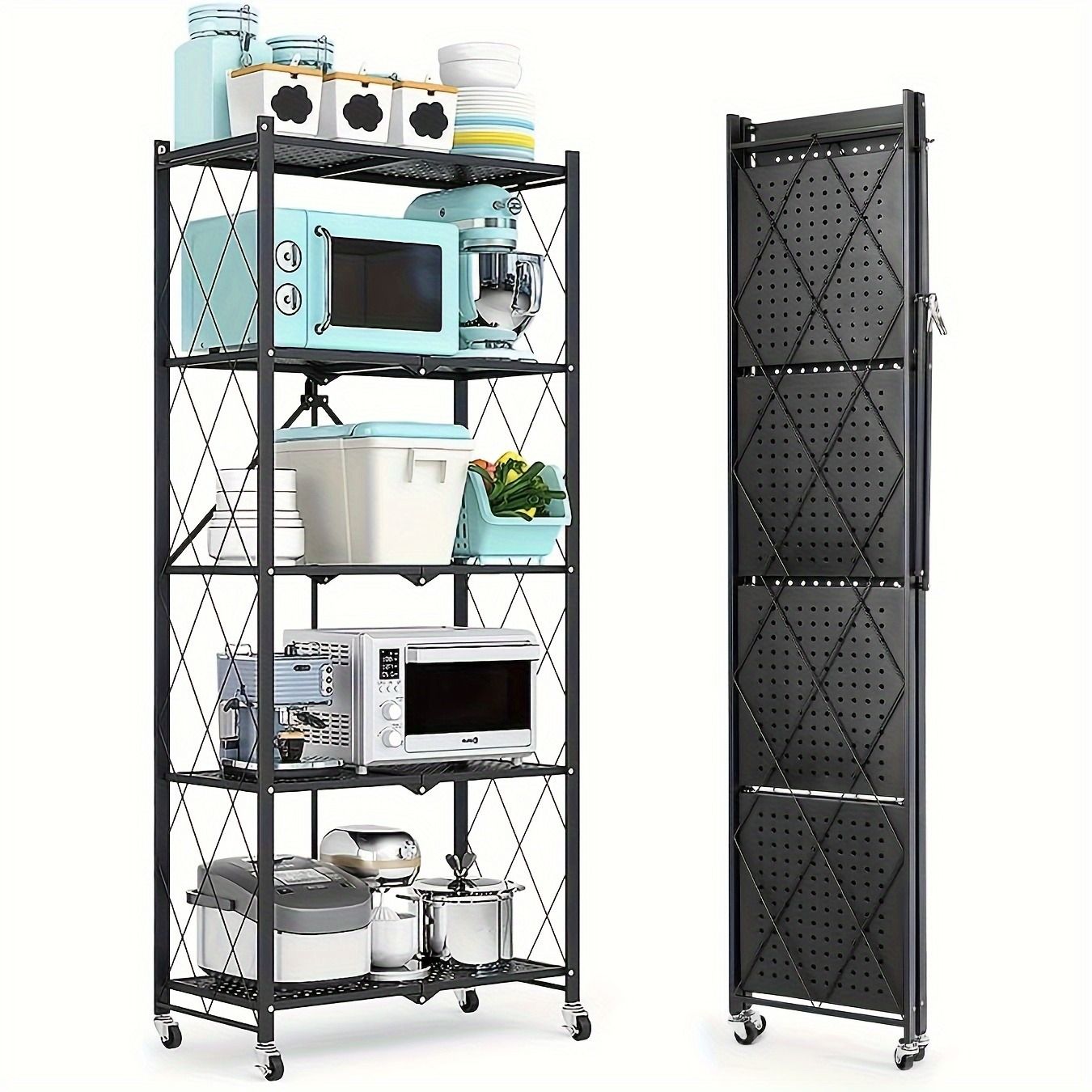 5-Tier Foldable Metal Storage Rack with Wheels - Heavy Duty Garage & Kitchen Organizer